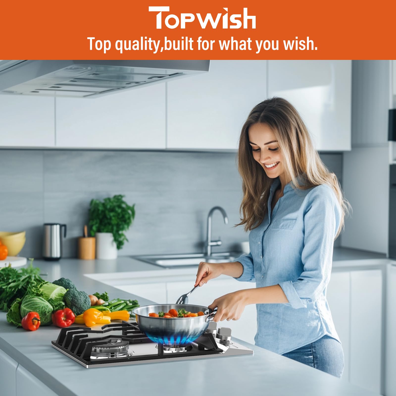 TOPWISH 24 Inch Gas Cooktop, Propane Stove Top with 4 Burners 27,400 BTU, NG/LPG Convertible Built-in Stainless Steel Stovetop with Thermocouple Protection for Kitchen, Apartments, RV