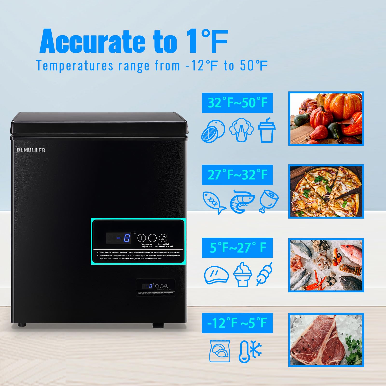 Mini Chest Freezer Compact Deep Freezing Machine with Electronic Temperature Control (Accurate to 1 ℉) Freestanding Small Freezer with 2 Removable Storage Baskets Black