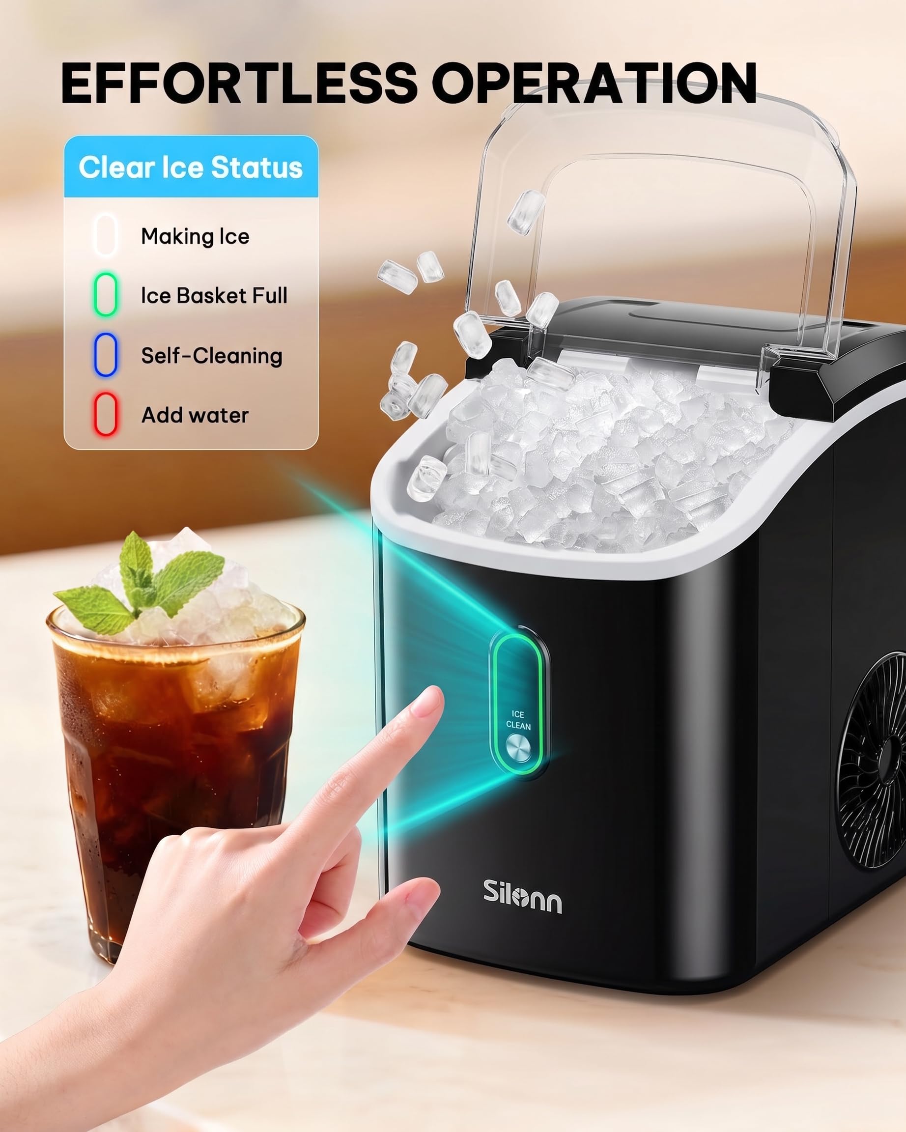 Nugget Ice Maker Countertop, Silonn Chewable Pellet Ice Machine with Self-Cleanin Function, 36lbs/24H Portable Ice Makers for Home Kitchen Officce, Black