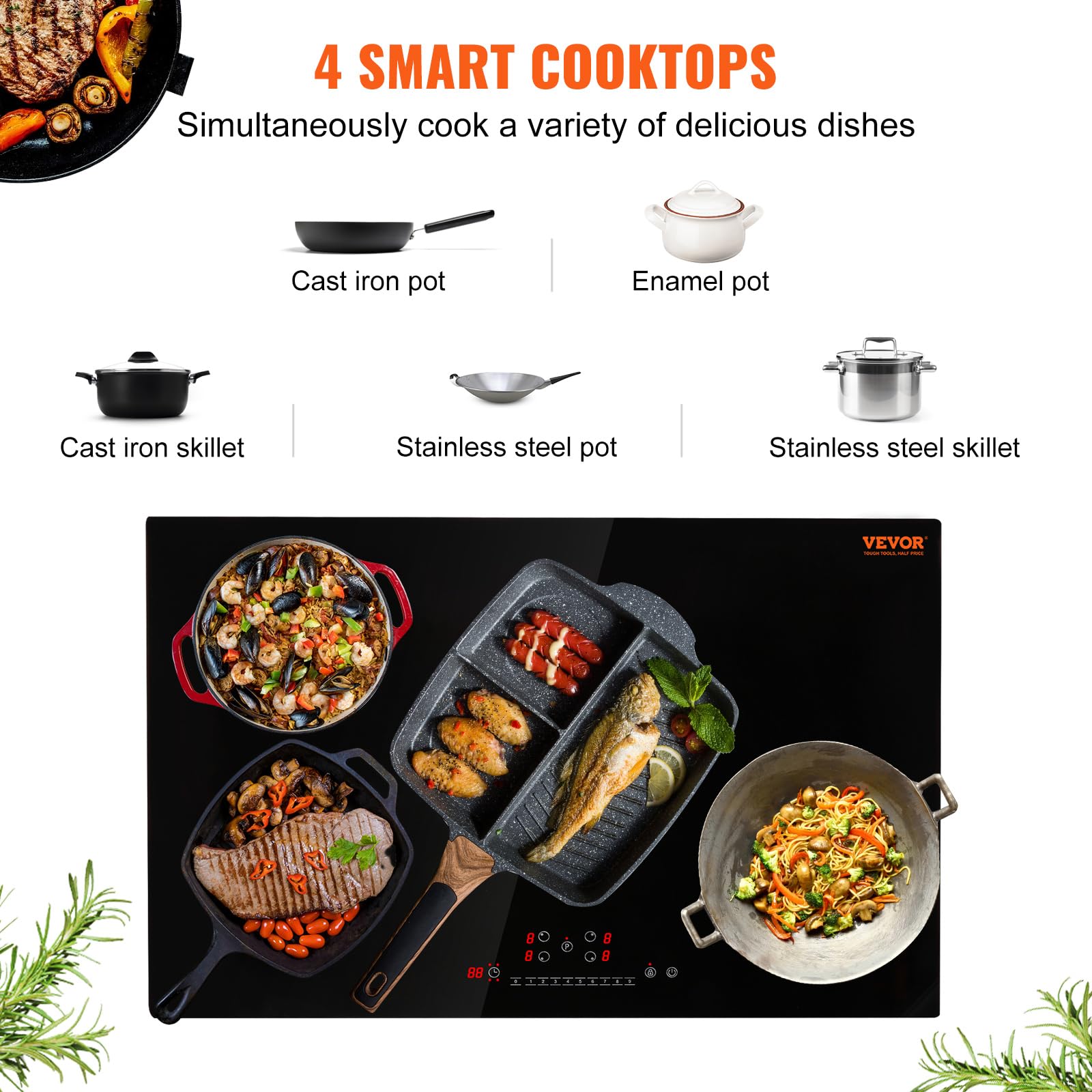 VEVOR Built-in Induction Electric Stove Top 30 Inch,5 Burners Electric Cooktop,9 Power Levels & Sensor Touch Control,Easy to Clean Ceramic Glass Surface,Child Safety Lock,240V