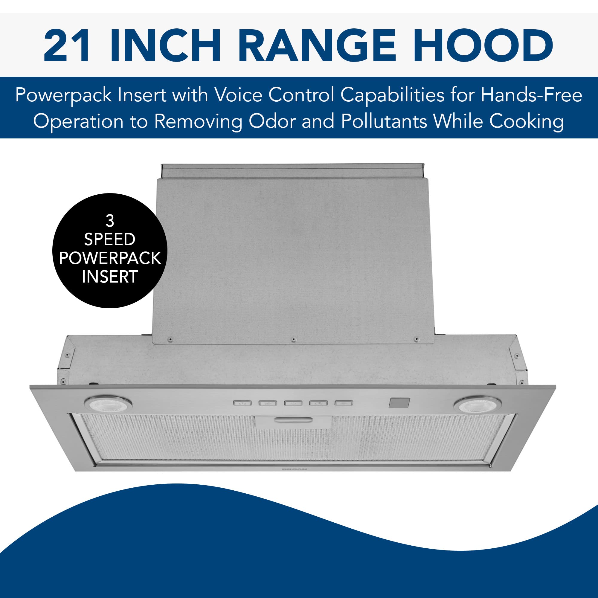 Broan-NuTone PM300SS Custom Power Pack Range Hood Insert with 2-Speed Exhaust Fan and Light, 300 Max Blower CFM, Stainless Steel, 21-Inch Built