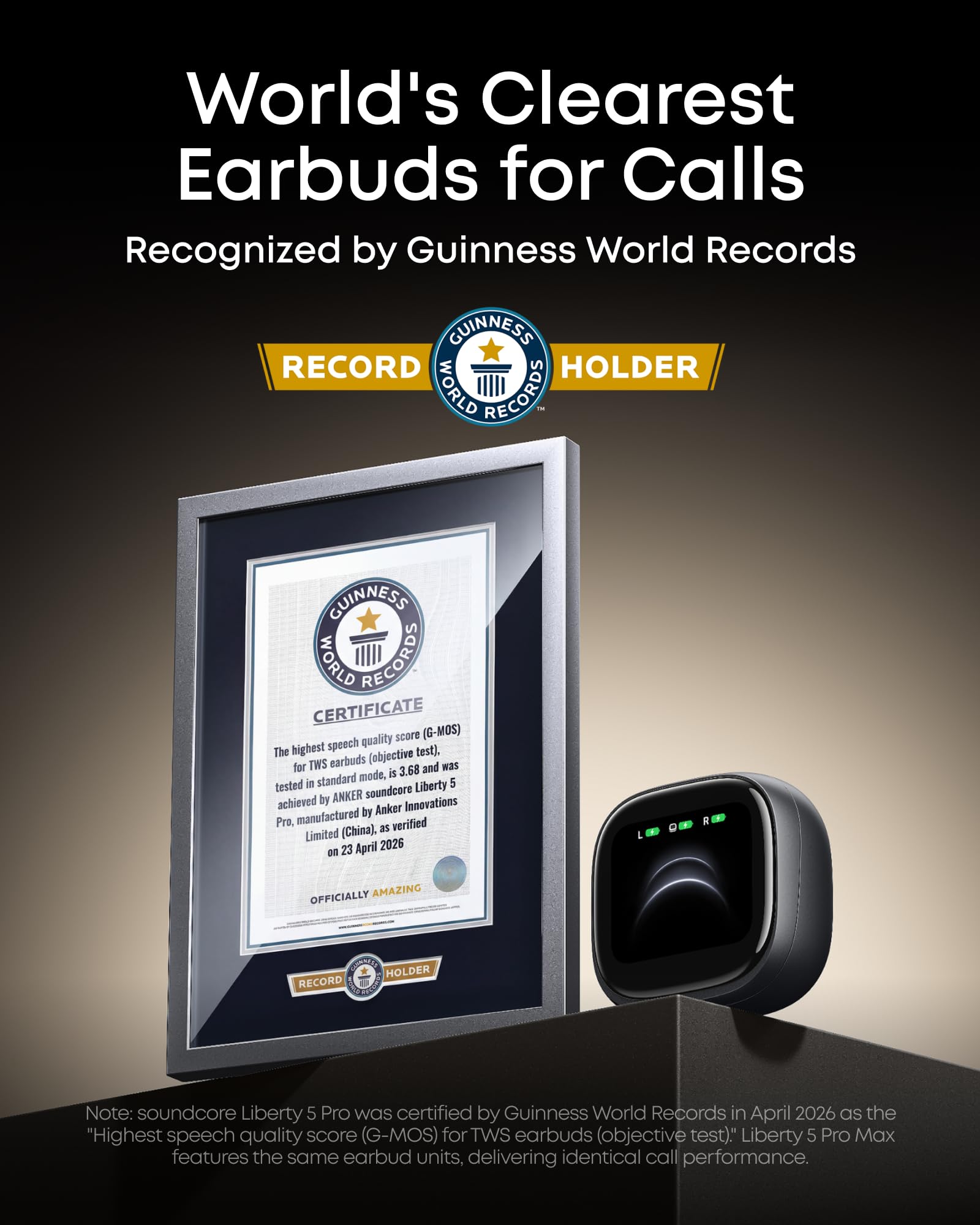 Soundcore Liberty 5 Pro,Guinness World Records-Certified Call Quality,Anker Thus™ AI Chip,Active Noise Cancelling Wireless Earbuds,Crystal-Clear Calls for Commute,Noisy Environments