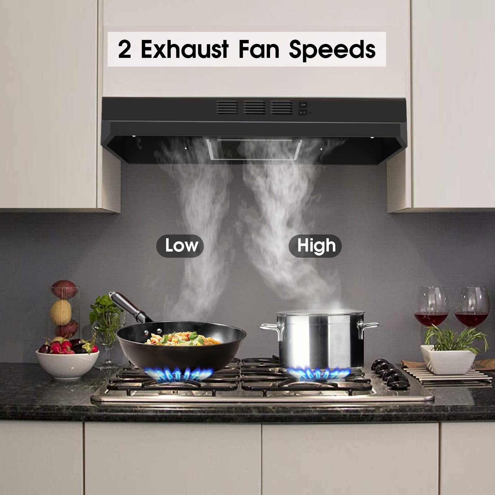 Range Hood 30 inch Under Cabinet, Stainless Steel Kitchen Vent Hood 280CFM, Built-in Kitchen Stove Hood w/Rocker Button Control, Ducted/Ductless Convertible Duct, 2 Speeds Fan, Bright LED Light