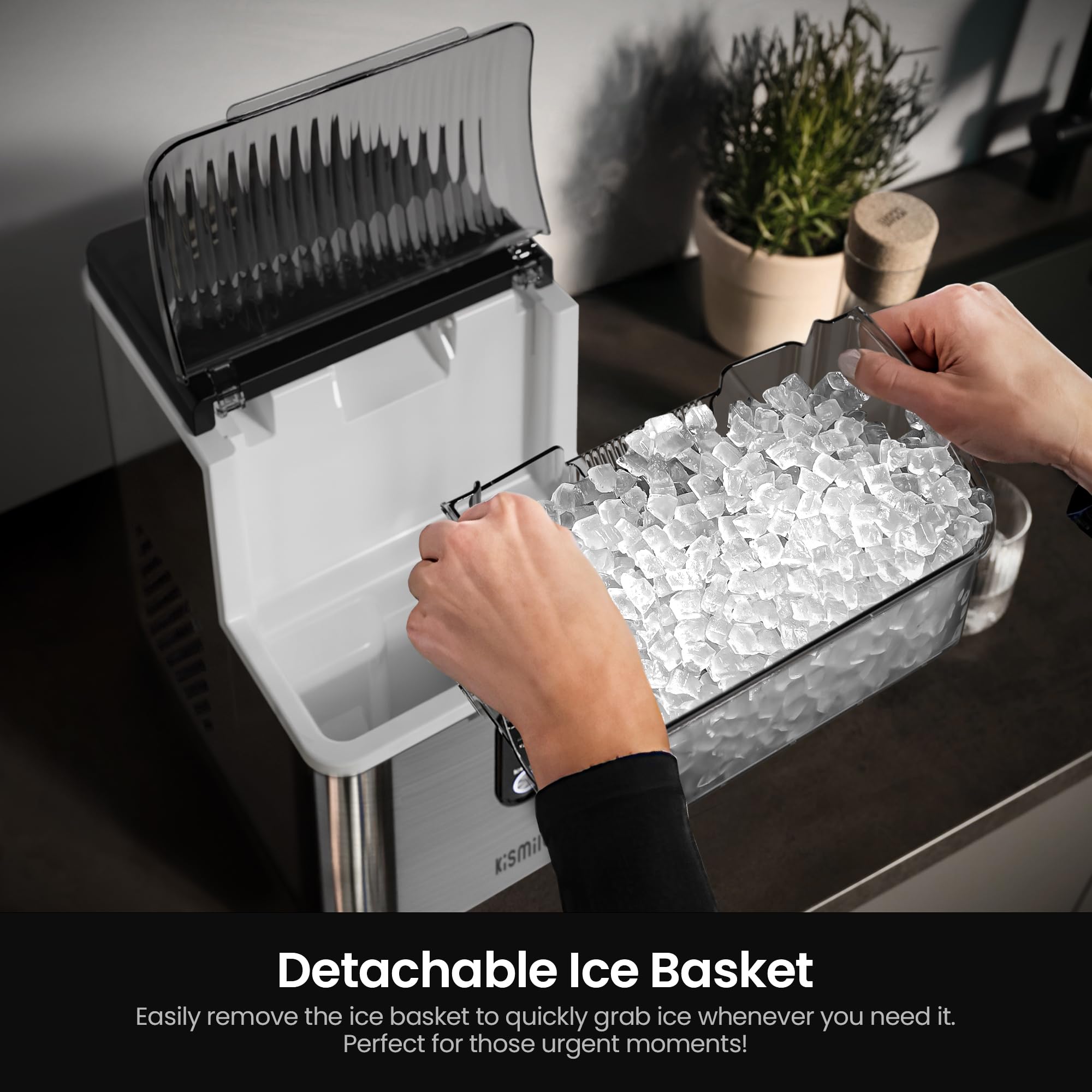 Kismile Nugget Ice Makers Countertop,Portable Ice Machine with Crushed Ice, 35lbs/Day,Self-Cleaning,One-Click Operation for Home Use(Silver)