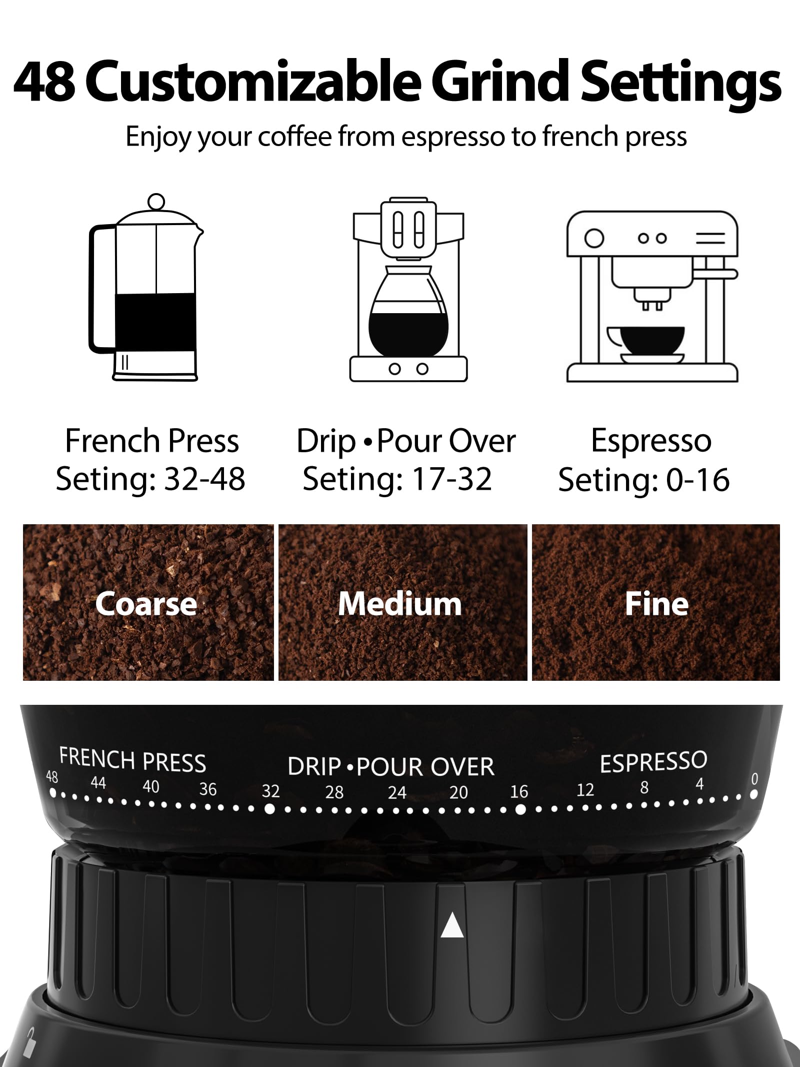 Aromaster Coffee Bean Grinder with 48 Gind Settings, Conical Burr Coffee Grinder for Home Use,Stainless Steel,40 Seconds Adjustable Timer,Anti-static,Easy to Clean with Brush,Black