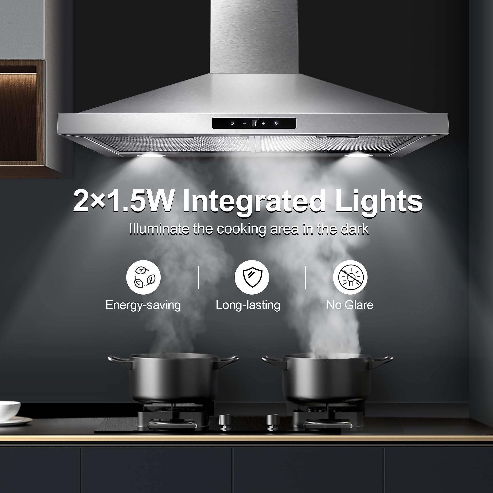 Tieasy Wall Mount Range Hood 30 inch with Ducted/Ductless Convertible Duct, Stainless Steel Chimney-Style Over Stove Vent Hood with LED Light, 3 Speed Exhaust Fan, 450 CFM