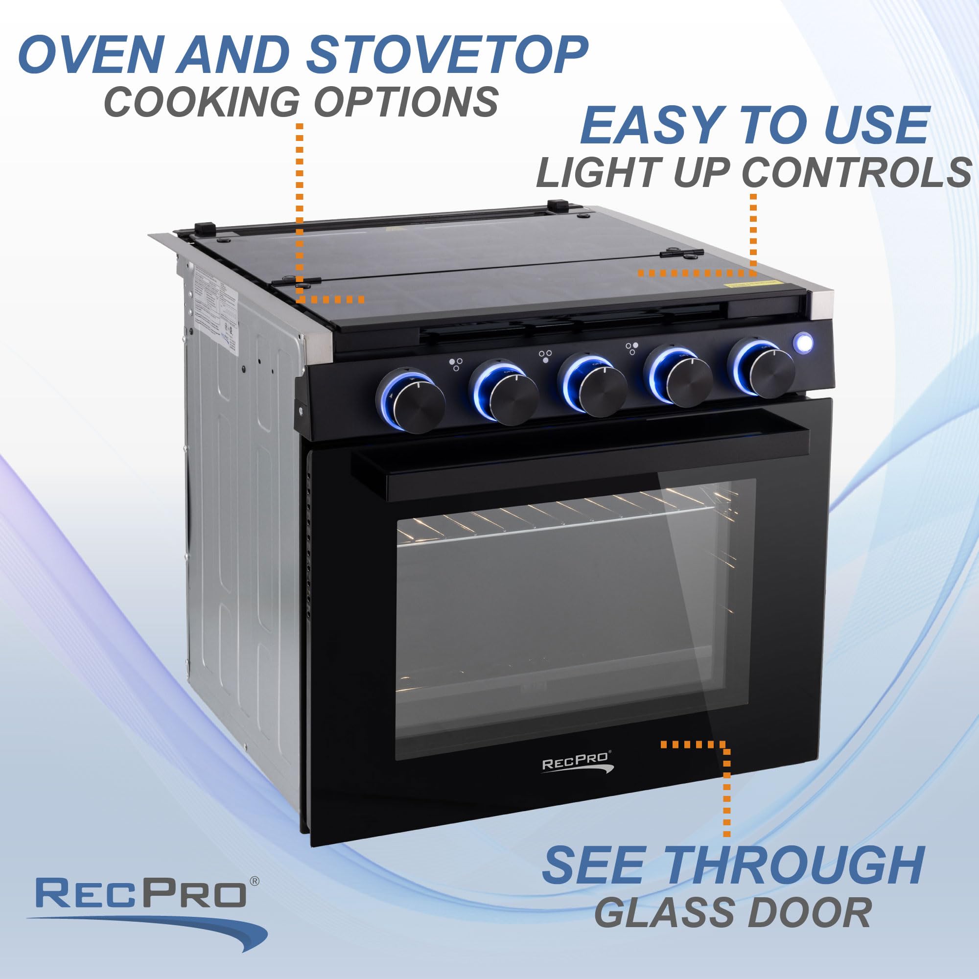 RecPro RV Stove | Gas Range 21" Tall | Optional Vented Range Hood | 3 Burner | 1.8 Cu. Ft | 7100 BTU | Black or Silver Color Options (Silver, No Vented Range Hood)