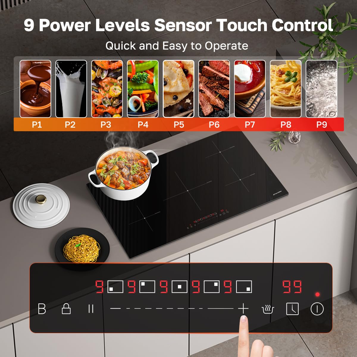 ThermoMate 30 Inch Induction Cooktop, 7200W Built in Induction Stove Top, Electric Cooktop with 4 Boost Burner, 9 Heating Level, Timer & Child Safety Lock, Sensor Touch Control, 240V
