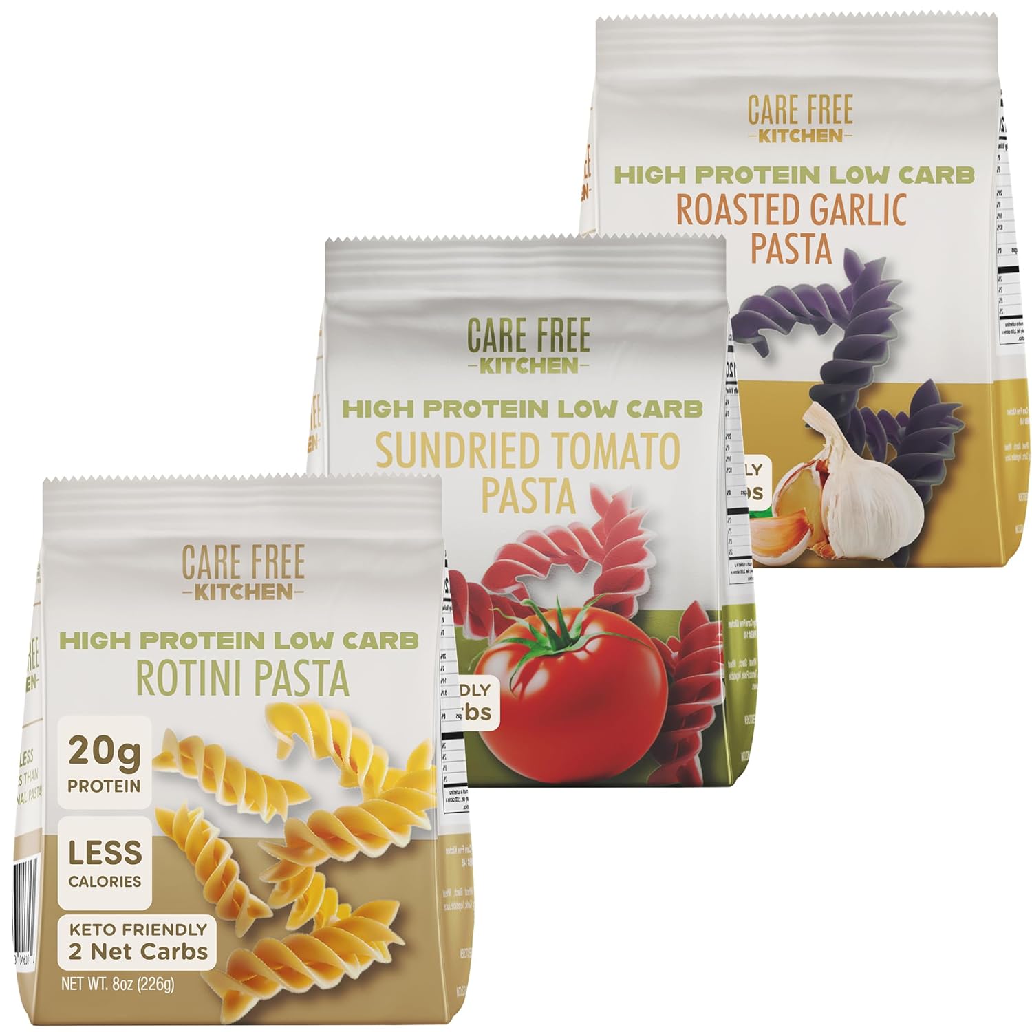 Care Free Kitchen Plain 3-Pack (8 oz. Bags) Rotini Keto Pasta Noodles, 20g High Protein, Low Carb 2g Net Carbs, 26g High Fiber