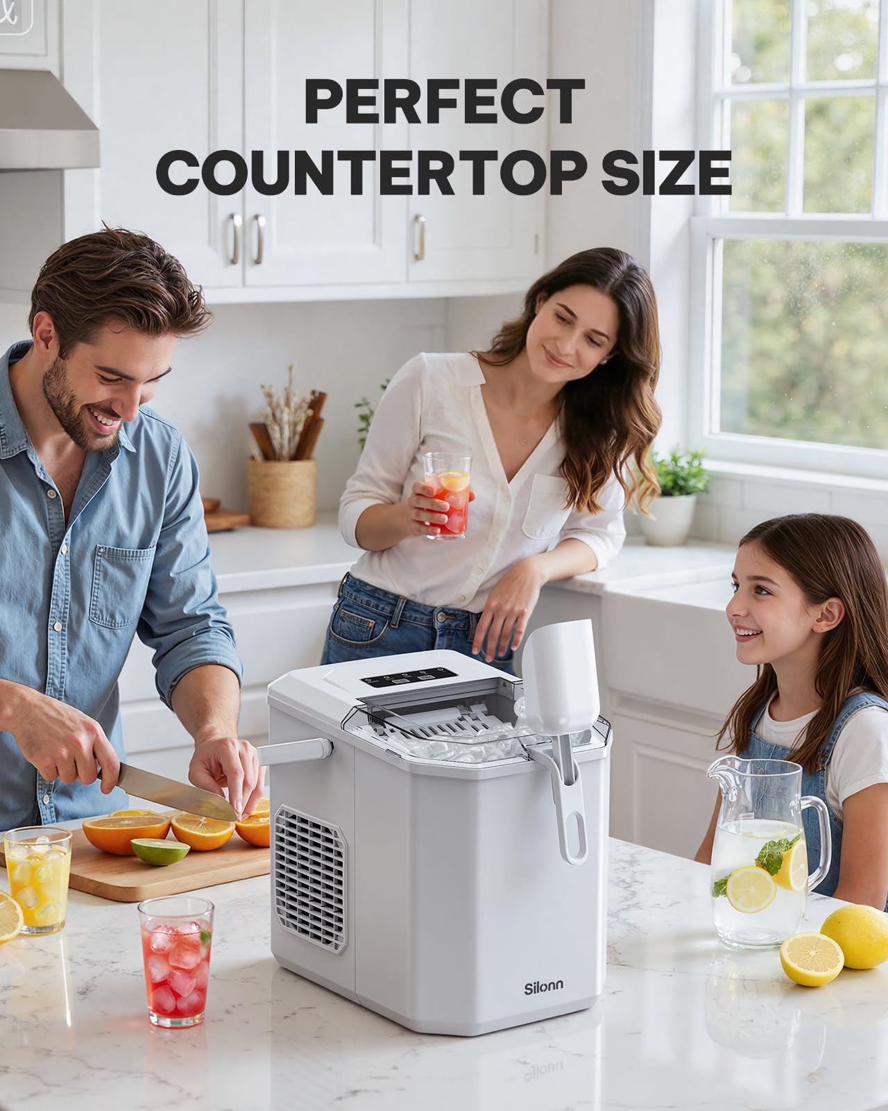 Silonn Ice Maker Countertop, Portable Ice Machine with Carry Handle, Self-Cleaning Ice Makers with Basket and Scoop, 9 Cubes in 6 Mins, 26 lbs per Day, Ideal for Home, Kitchen, Camping, RV