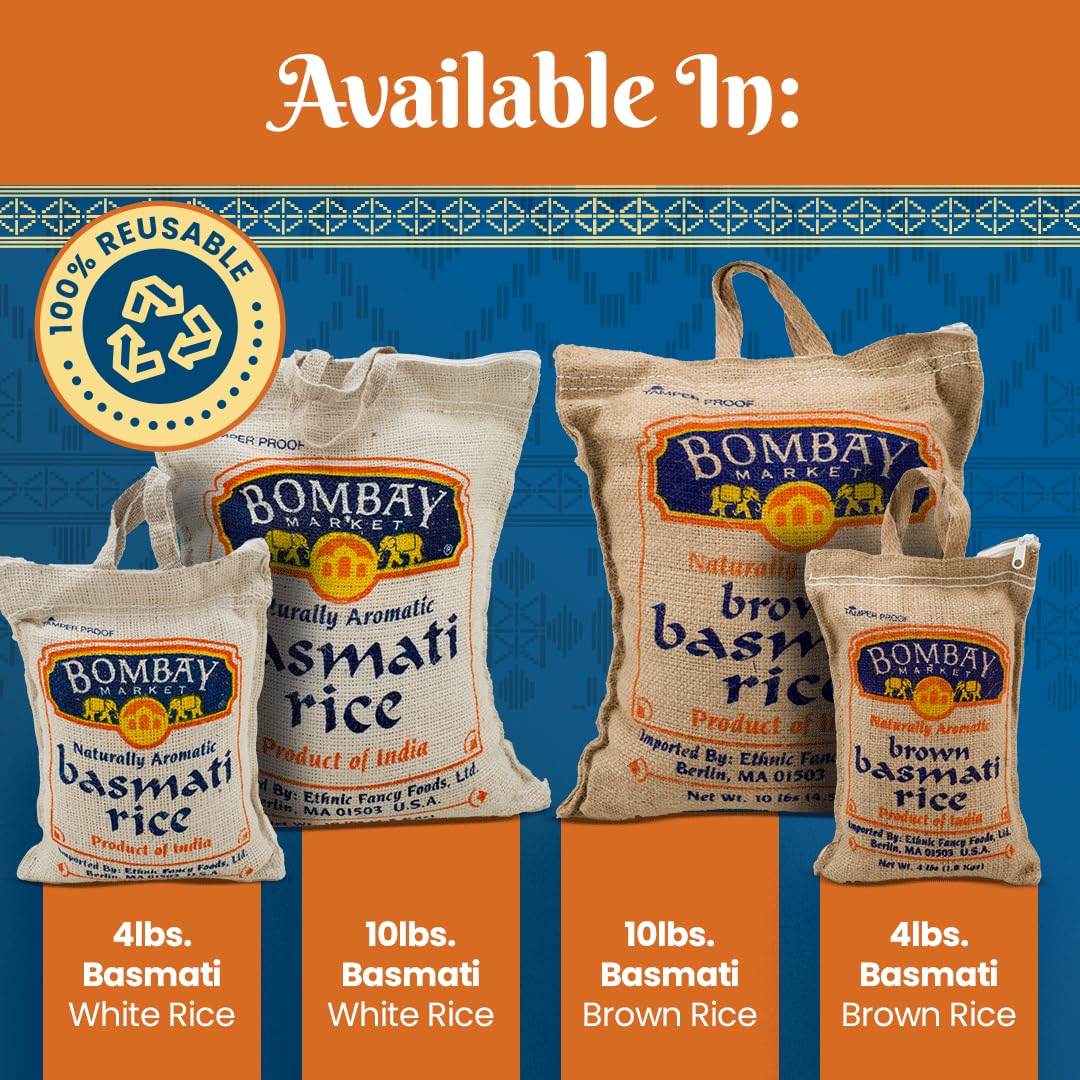 Bombay Market White Basmati Rice - Aromatic & Nutty Flavor Basmati Rice - Long Grain Rice Basmati (10 Pound Bag)