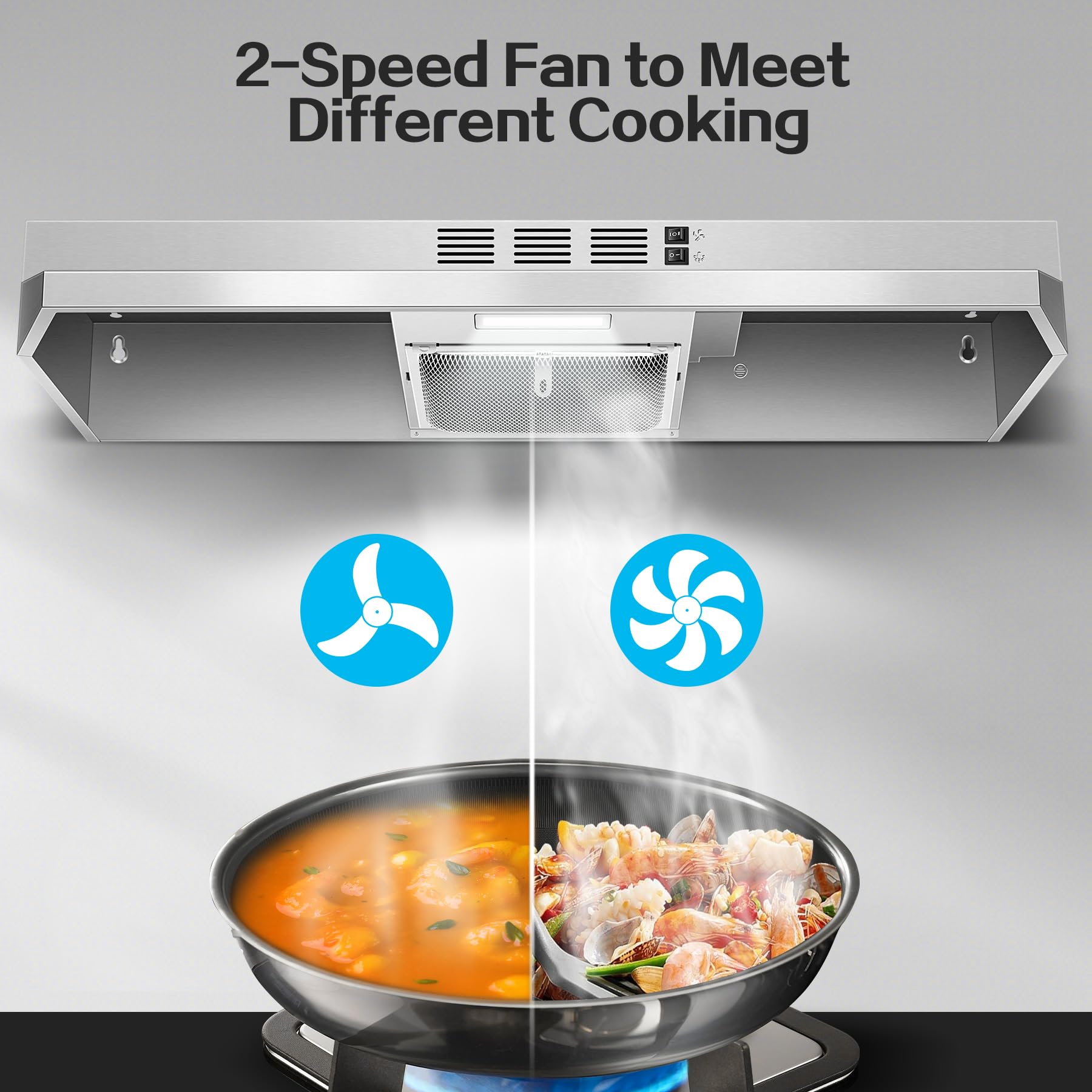 Range Hood 30 inch Under Cabinet, Stainless Steel Kitchen Vent Hood 280CFM, Built-in Kitchen Stove Hood w/Rocker Button Control, Ducted/Ductless Convertible Duct, 2 Speeds Fan, Bright LED Light