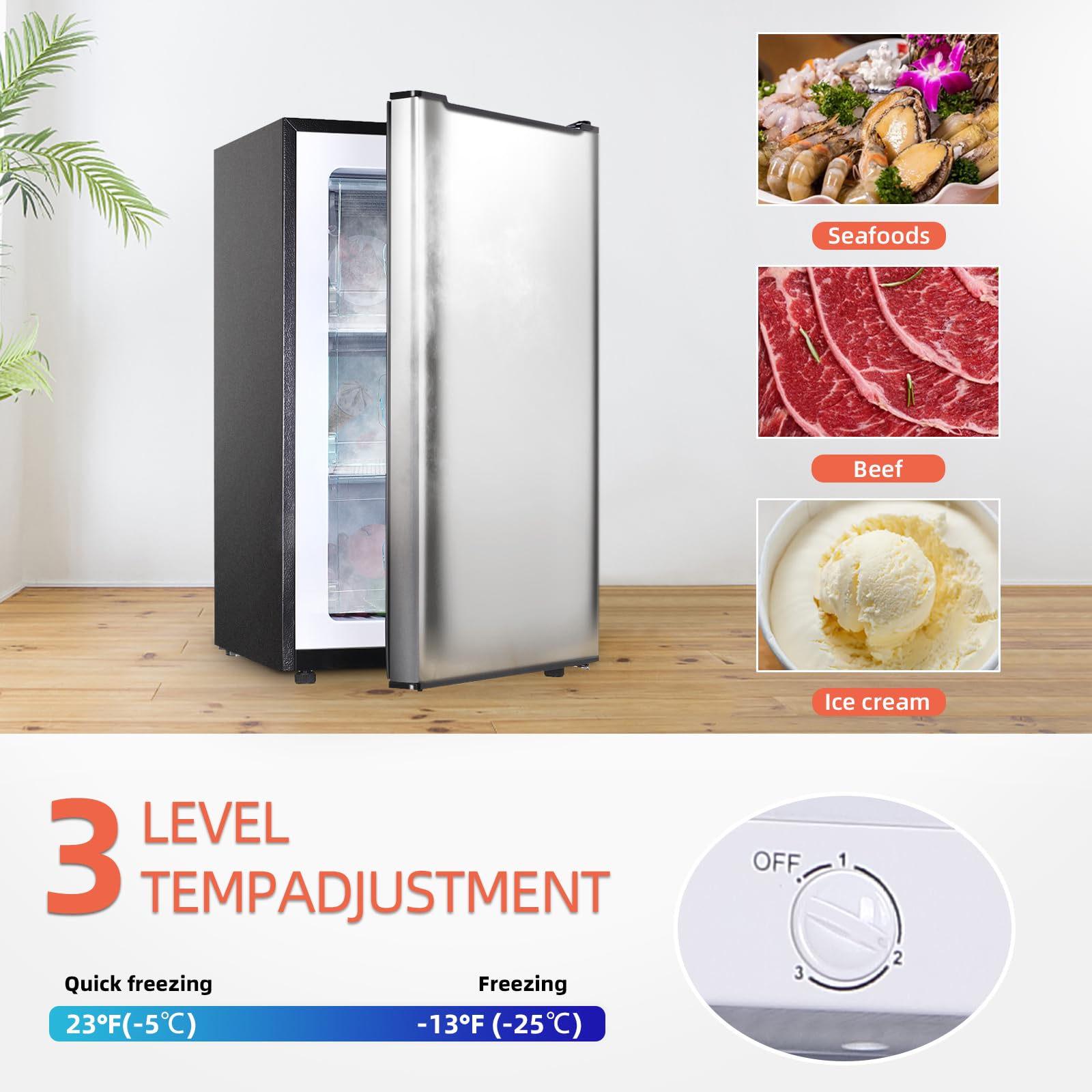 Mini Upright freezer 3.6 Cubic Feet Mini Freezer, Single Door Compact Freezer with Reversible Stainless Steel Door, 3-Speed Temperature Adjustment Small freezer for Home, Glossy Silver