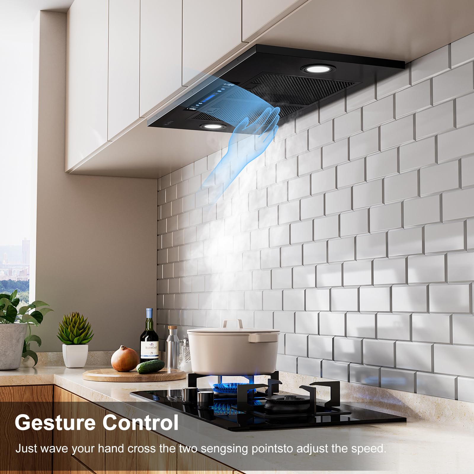 HisoHu 30 Inch Under Ducted Cabinet Range Hood with 1200 CFM, 4 Speed Gesture Sensing Kitchen Exhaust Hood & Touch Control Panel, Stainless Steel Stove Vent Hood with 2 LED Lights