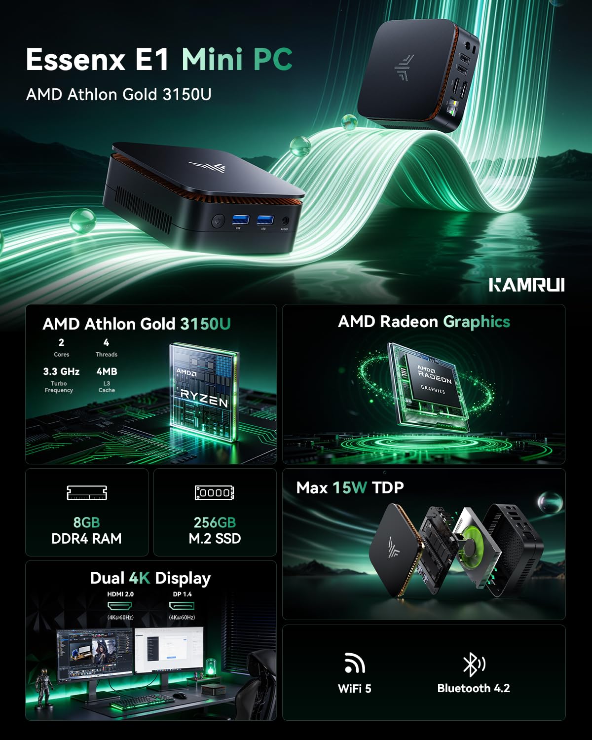 KAMRUI Essenx E1 Mini PC Computer, AMD 3150U (Beats i3-10110U/N95), 8GB RAM 256GB SSD, Mini Desktop Computer Support Dual 4K, WiFi, Bluetooth, Ethernet for Business, Education, Home