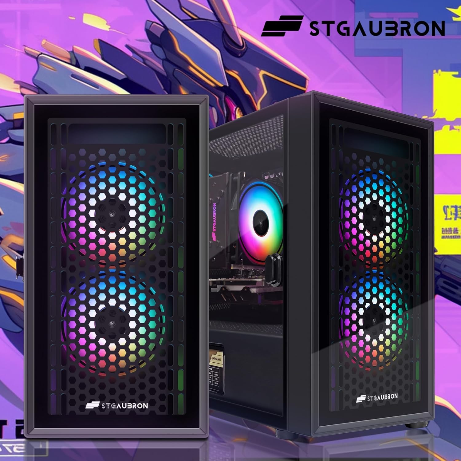 STGAubron Gaming PC Desktop Computer, Intel Core i7 up to 3.9GHz, Radeon RX 580 8G, 16G RAM, 512G SSD, WiFi 6, BT 5.0, RGB Fan x4, Windows 11 Home
