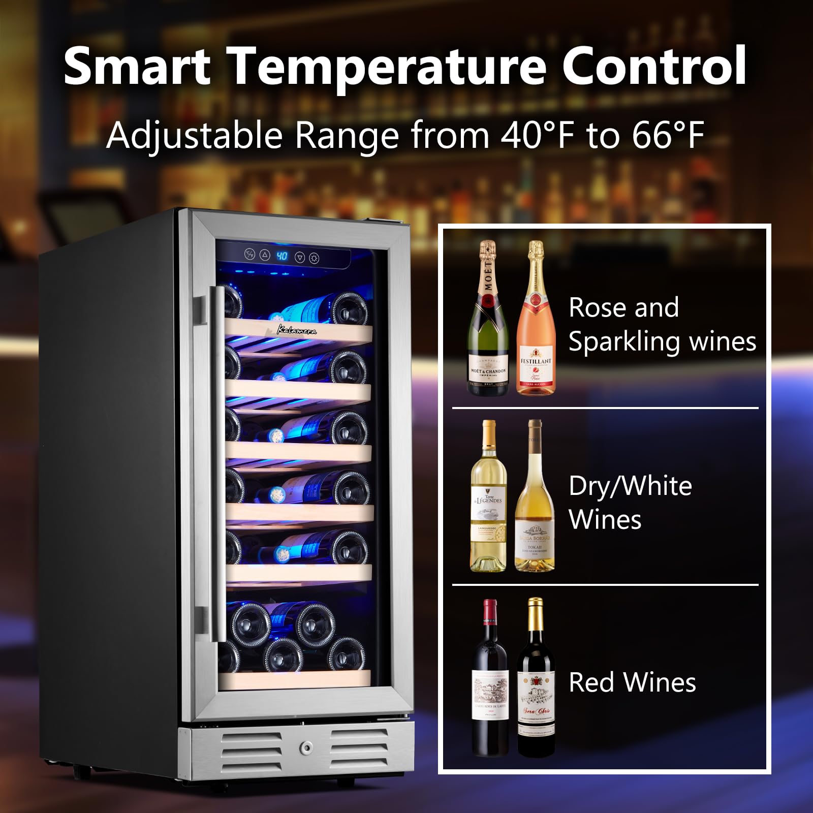 Kalamera 24 inch Wine Cooler, 37 Bottle - Dual Zone Built-in or Freestanding Fridge with Stainless Steel Reversible Glass Door, for Home, Kitchen or Office