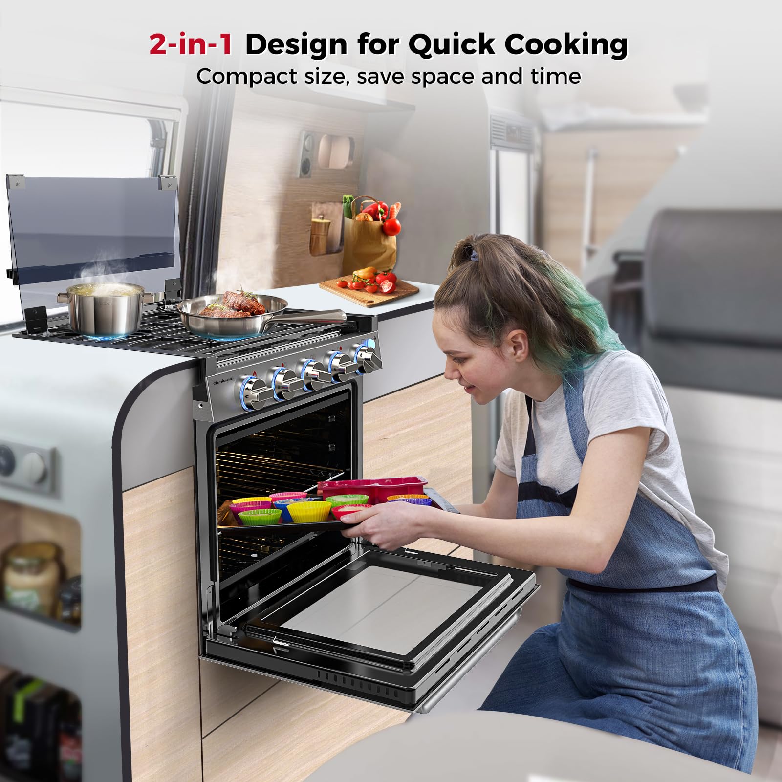 CAMPLUX Classic RV Stove Propane Range 21 Inches, Propane Oven with 3 Burners Cooktop for RV, RV Oven Stove Combo 28,100 BTU/Hr, Stainless Steel RGS21MSF