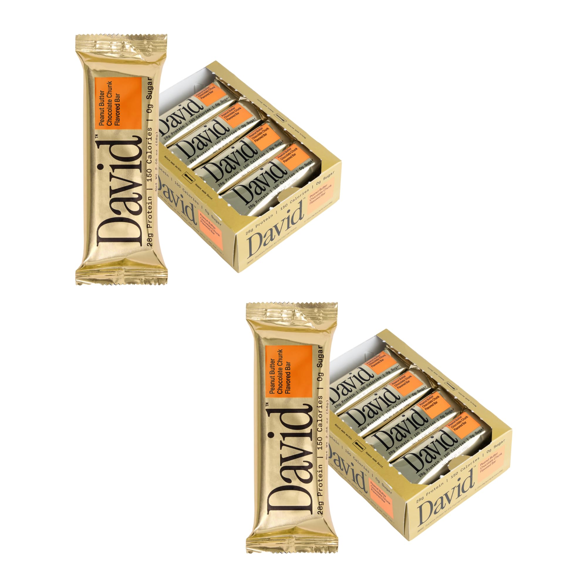 David High Protein Bars No Sugar - Sugar Free Protein Bars, Low Carb, Gluten Free - 28g of Protein, 150 Calories - David Bar On-The-Go Snack - Peanut Butter Chocolate Chunk Flavor, Pack of 12