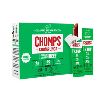 Chomps Snack Size Grass-Fed Original Beef Jerky Snack Sticks 0.5oz 24-Pack - Keto, Paleo, Whole30, 4g Lean Meat Protein, Gluten-Free, Zero Sugar Food, Non-GMO Chomplings