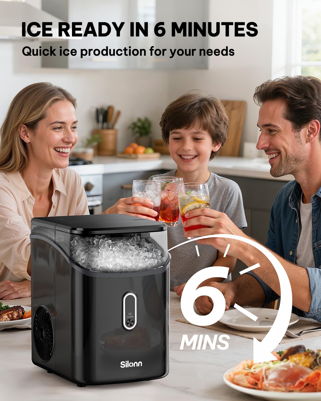 Silonn Ice Maker Countertop, Portable Ice Machine with Carry Handle, Self-Cleaning Ice Makers with Basket and Scoop, 9 Cubes in 6 Mins, 26 lbs per Day, Ideal for Home, Kitchen, Camping, RV
