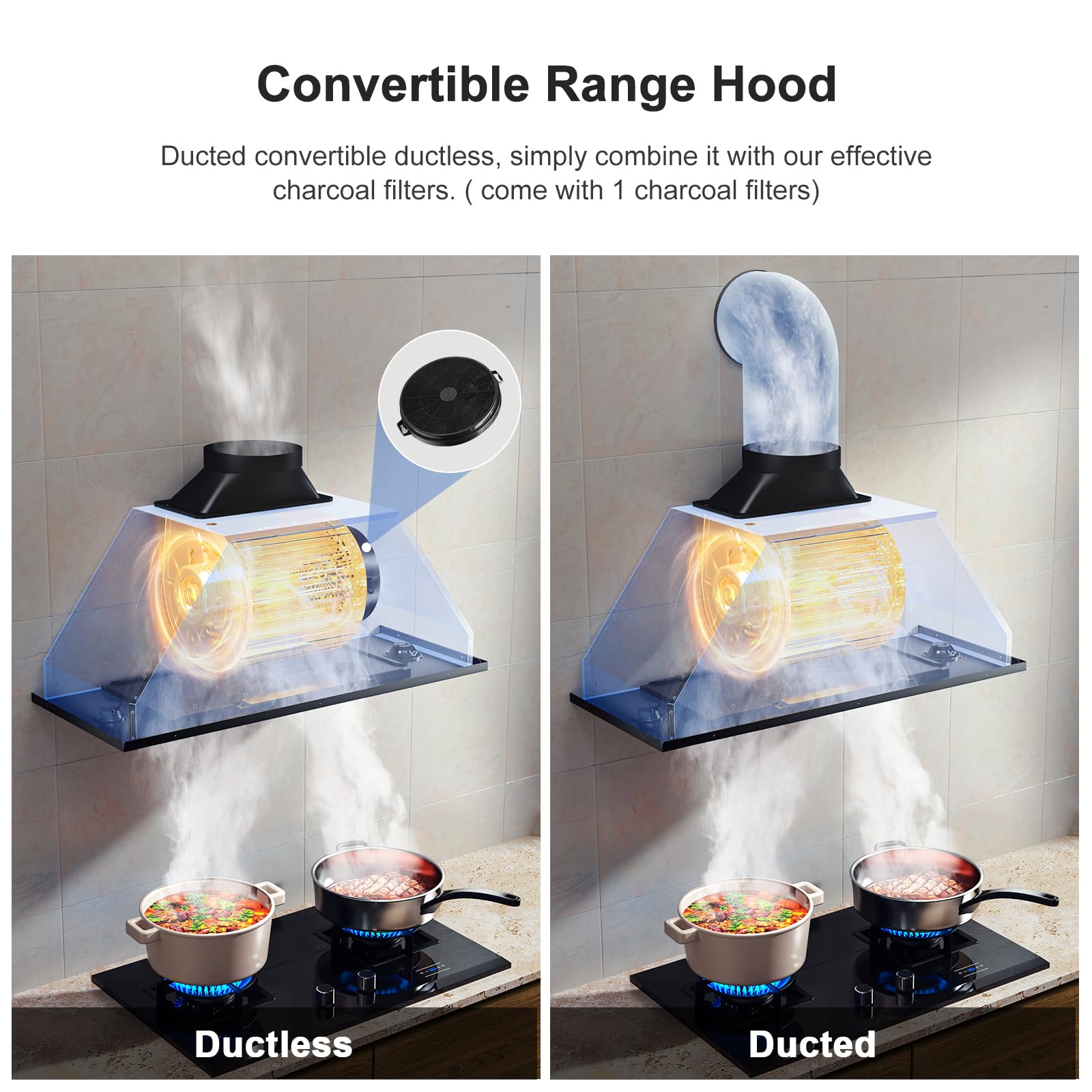 HisoHu 30 Inch Under Ducted Cabinet Range Hood with 1200 CFM, 4 Speed Gesture Sensing Kitchen Exhaust Hood & Touch Control Panel, Stainless Steel Stove Vent Hood with 2 LED Lights