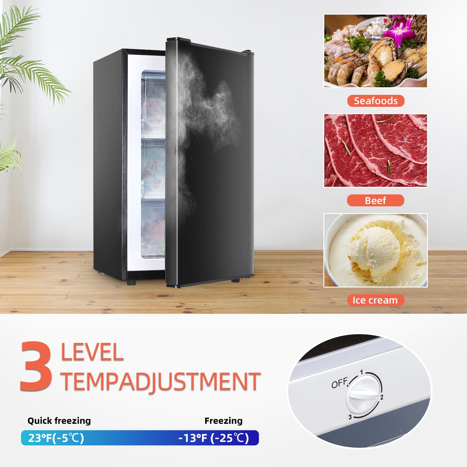 Mini Upright freezer 3.6 Cubic Feet Mini Freezer, Single Door Compact Freezer with Reversible Stainless Steel Door, 3-Speed Temperature Adjustment Small freezer for Home, Glossy Silver