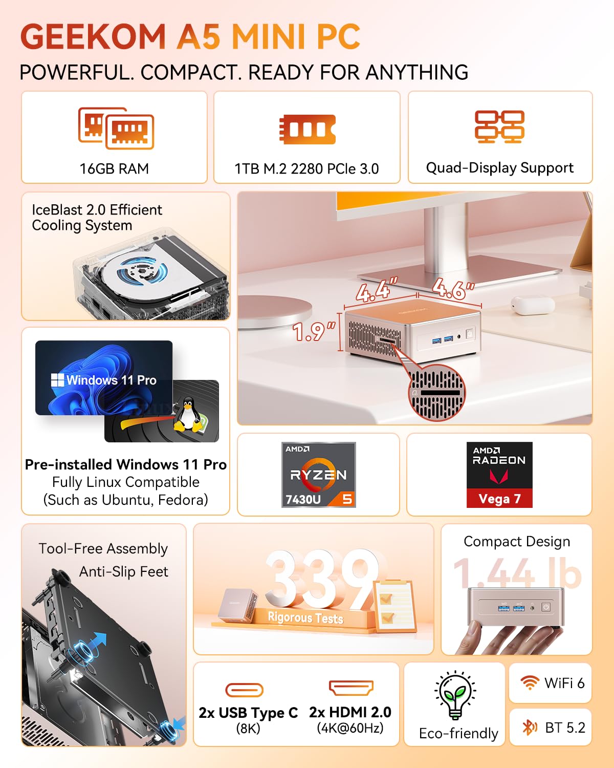 GEEKOM Air12 Mini PC for Business & WFH (2026), Intel 7505 (Up to 3.5GHz), 8GB RAM (Dual-Slot Upgradeable), 256GB M.2 SSD, 8K & Triple 4K Display, 3-Year Warranty, Windows 11 Pro Desktop Computer