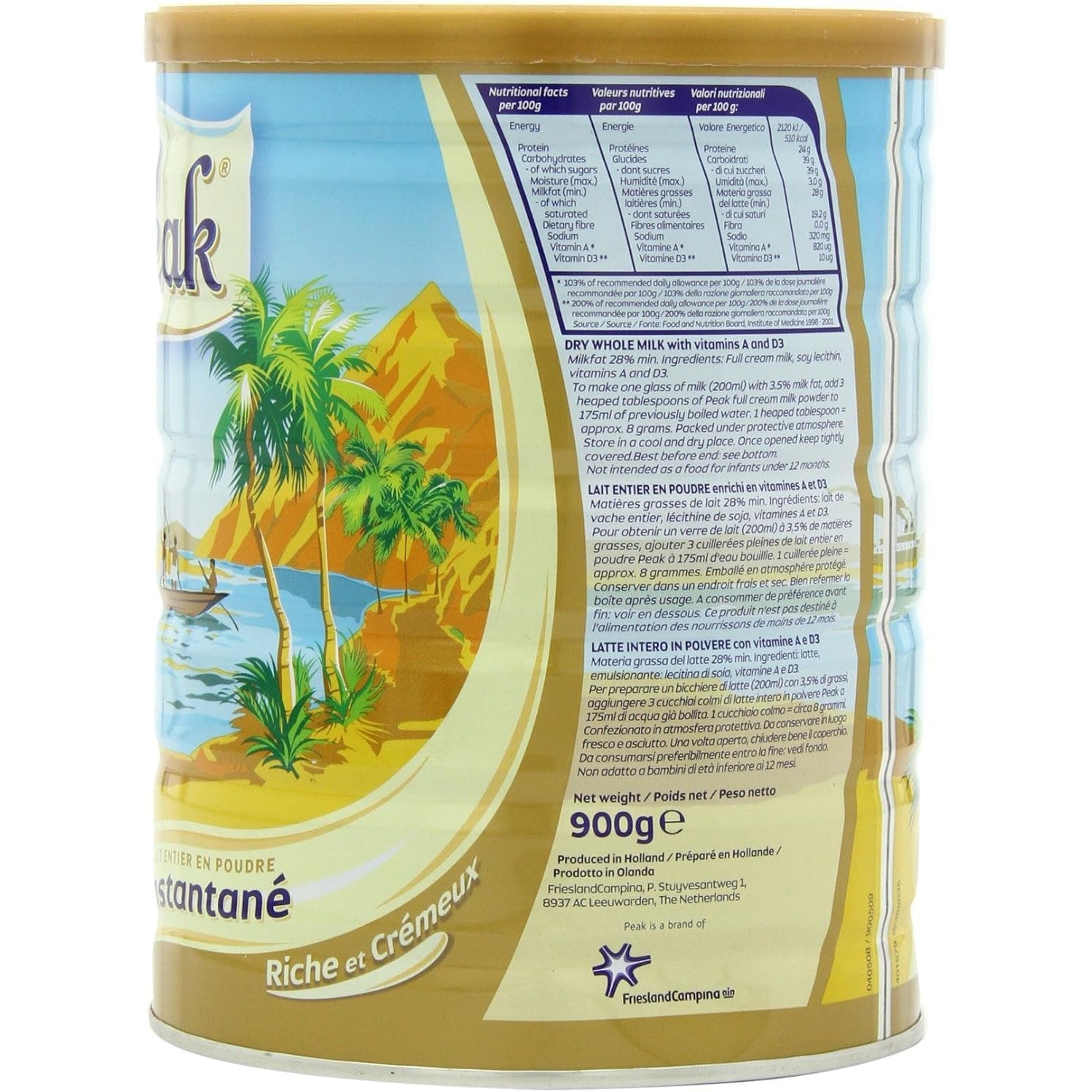 Peak Whole Milk Powder, 2 Pound (900g) Can - European Milk from Holland, rBST Free, Full Rich Flavor, Dissolves Instantly, Long Shelf Life, Premium Full Fat Quality