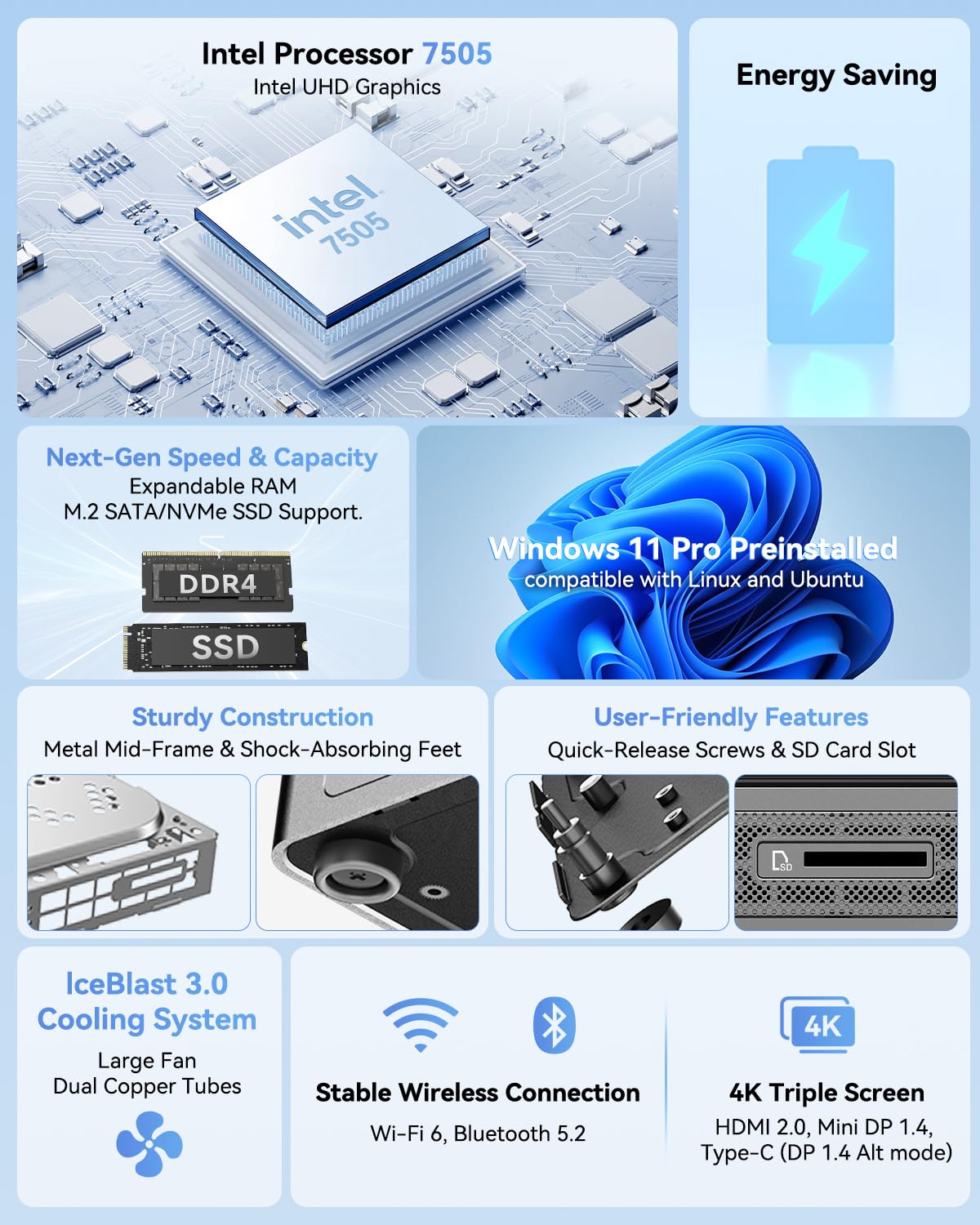 GEEKOM Air12 Mini PC for Business & WFH (2026), Intel 7505 (Up to 3.5GHz), 8GB RAM (Dual-Slot Upgradeable), 256GB M.2 SSD, 8K & Triple 4K Display, 3-Year Warranty, Windows 11 Pro Desktop Computer