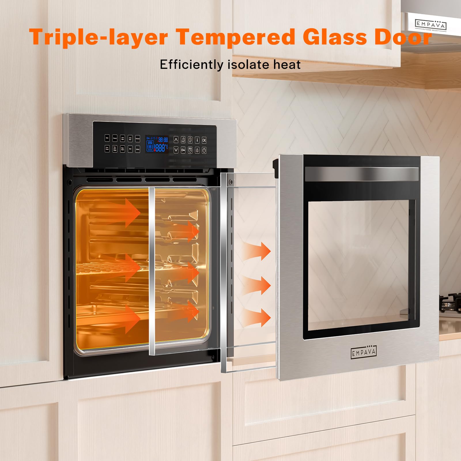 Empava 24 Inch Electric Single Wall Oven 10 Cooking Functions Deluxe 360° ROTISSERIE with Sensitive Touch Control in Stainless Steel, C02