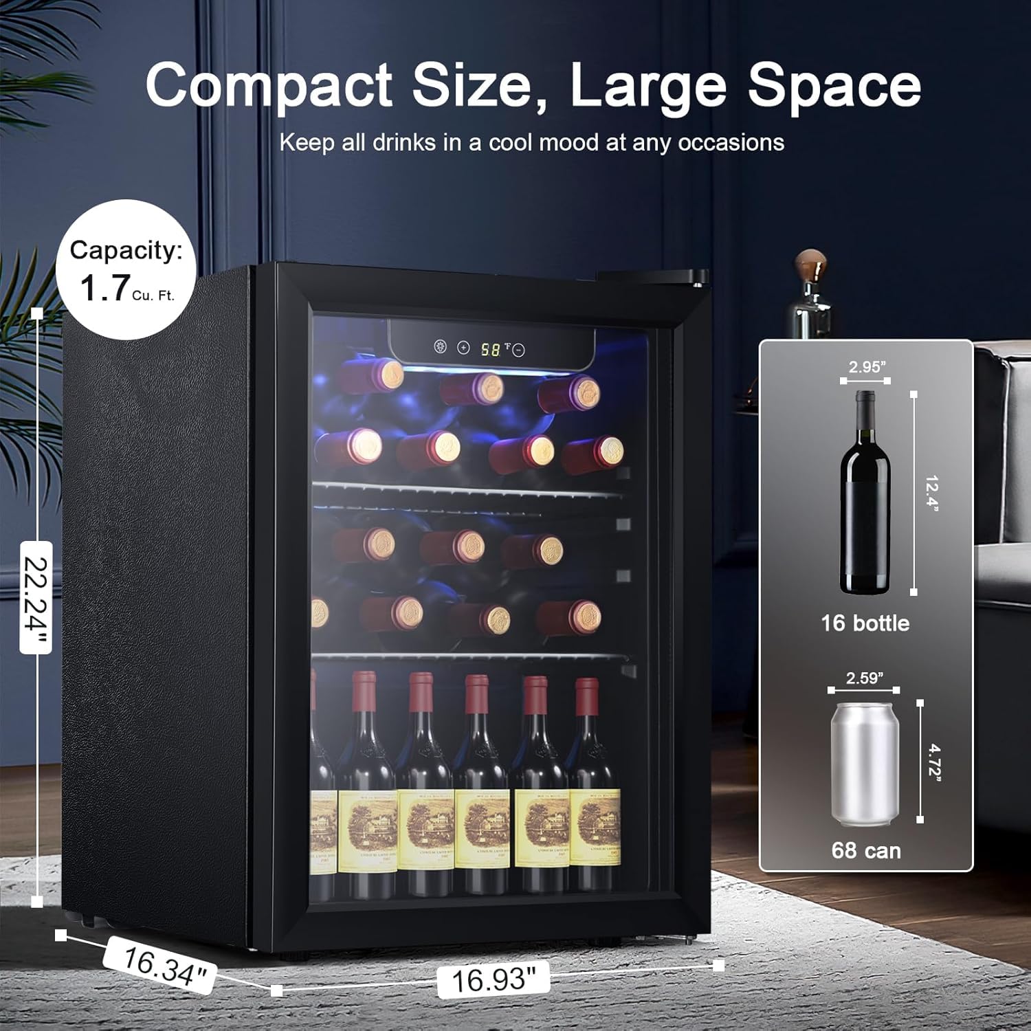 Antarctic Star Wine Cooler, Beverage Refrigerator, 16 Bottle Freestanding Quiet Wine Cellar Front Glass Door for Home and Bar, Digital Temp Control, 1.71 Cu.Ft.
