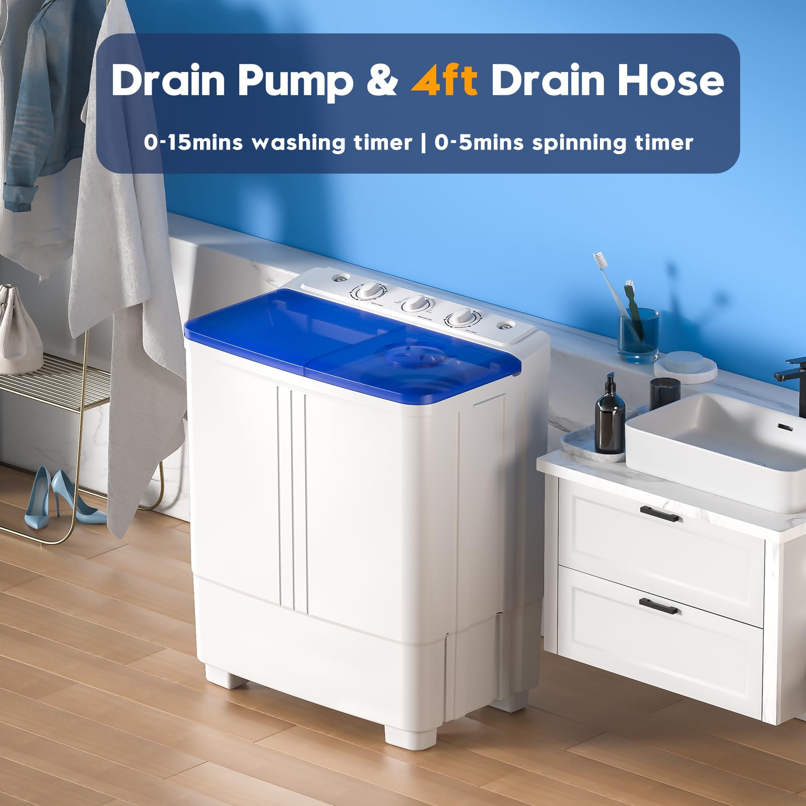 Auertech Portable Washing Machine, 28lbs Twin Tub Washer Mini Compact Laundry Machine with Drain Pump, Semi-automatic 18lbs Washer 10lbs Spinner Combo for Dorms, Apartments, RVs