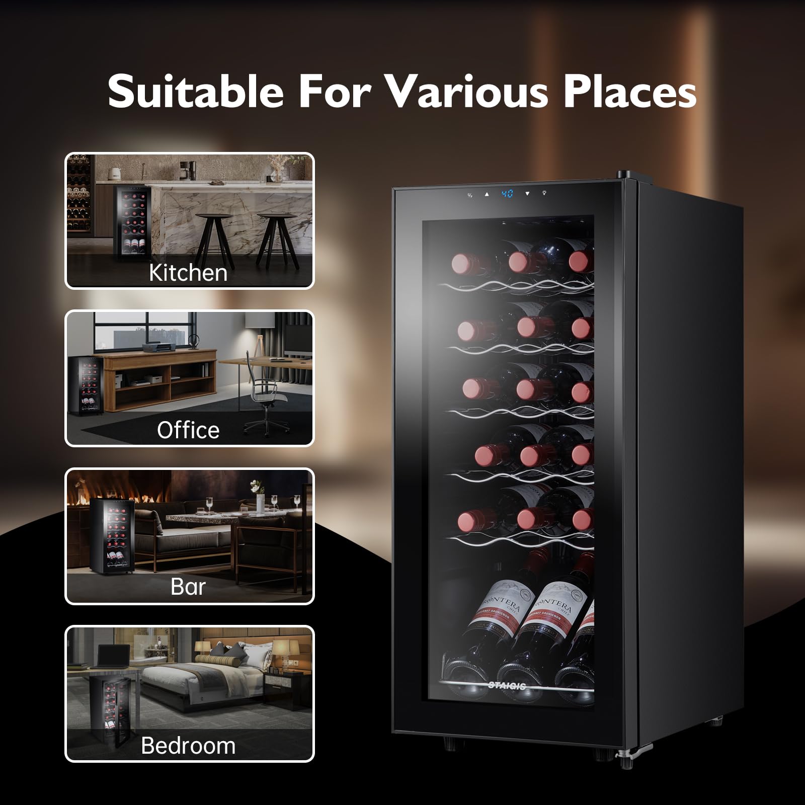 STAIGIS 24 Bottle Mini Fridge, Small Freestanding Wine Cooler Refrigerator for Red and White with 40-66F Digital Temperature Control Glass Door
