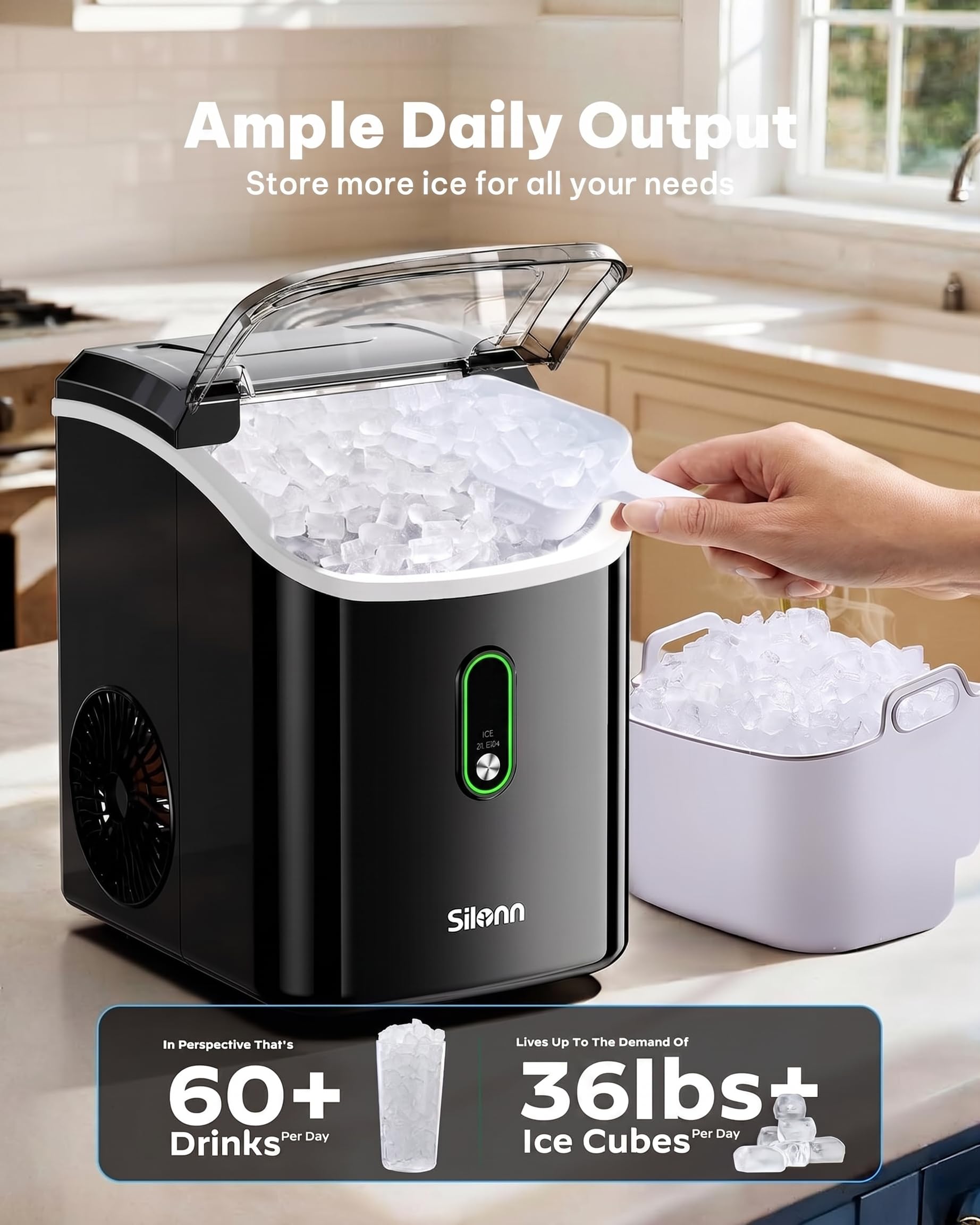 Nugget Ice Maker Countertop, Silonn Chewable Pellet Ice Machine with Self-Cleanin Function, 36lbs/24H Portable Ice Makers for Home Kitchen Officce, Black