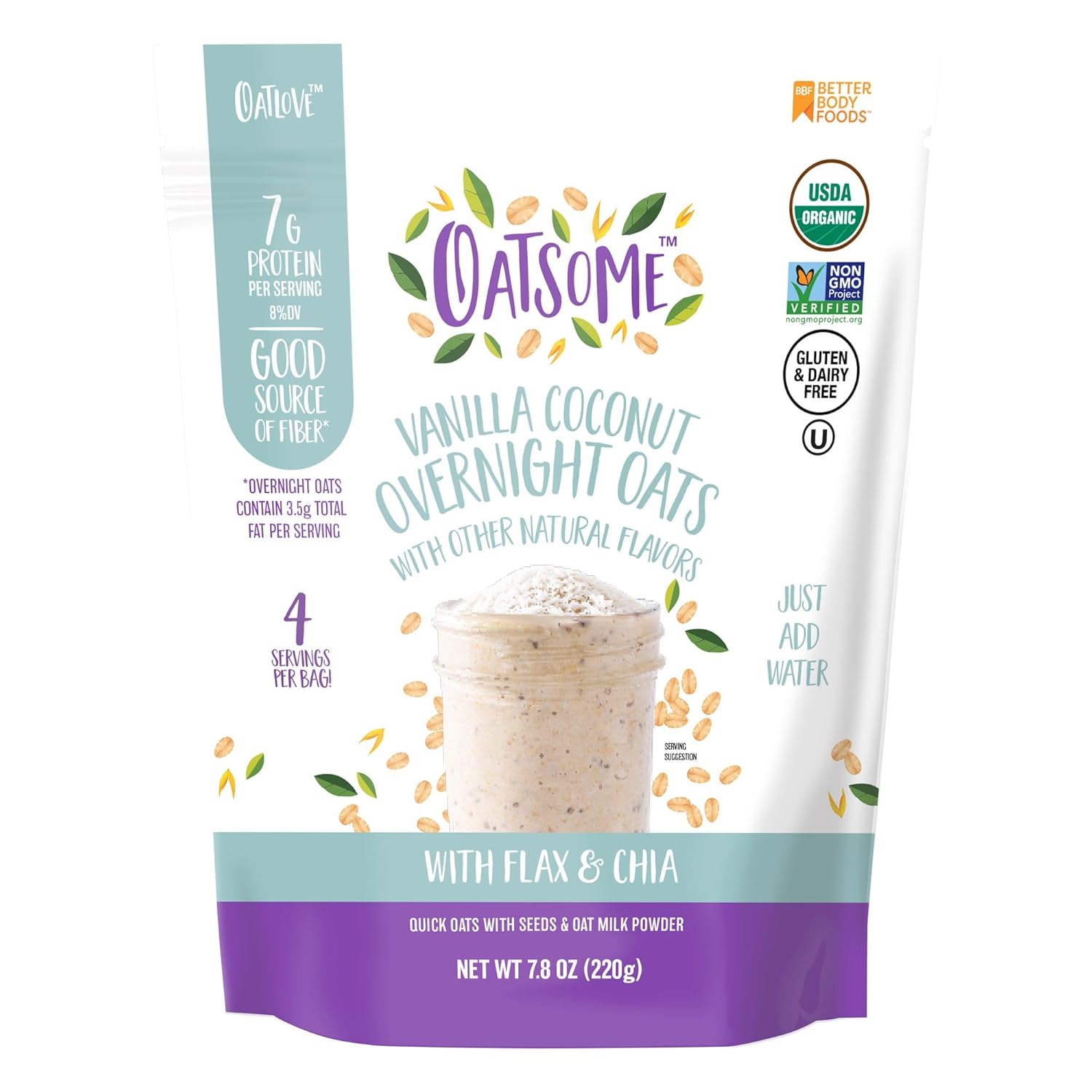 Oatsome Organic Overnight Oats with Chia, Flax, & Hemp, Gluten-Free Oatmeal with 7g of Protein, 2 lb 8 oz (40oz) Bag