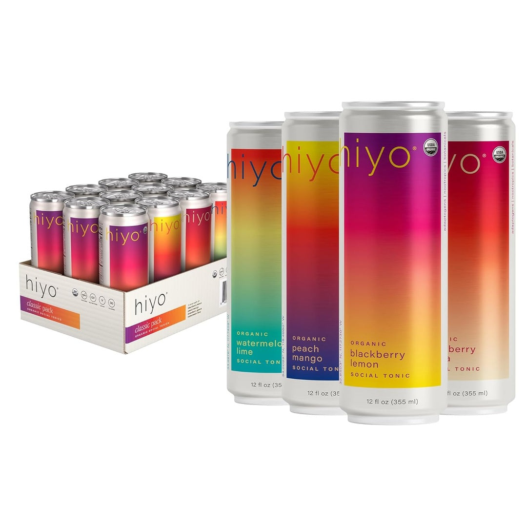 Hiyo Organic Social Tonic – Classic Pack, 12 Pack - N.A. Functional Seltzer, Sparkling Water Crafted with Organic Adaptogens, Nootropics & Botanicals