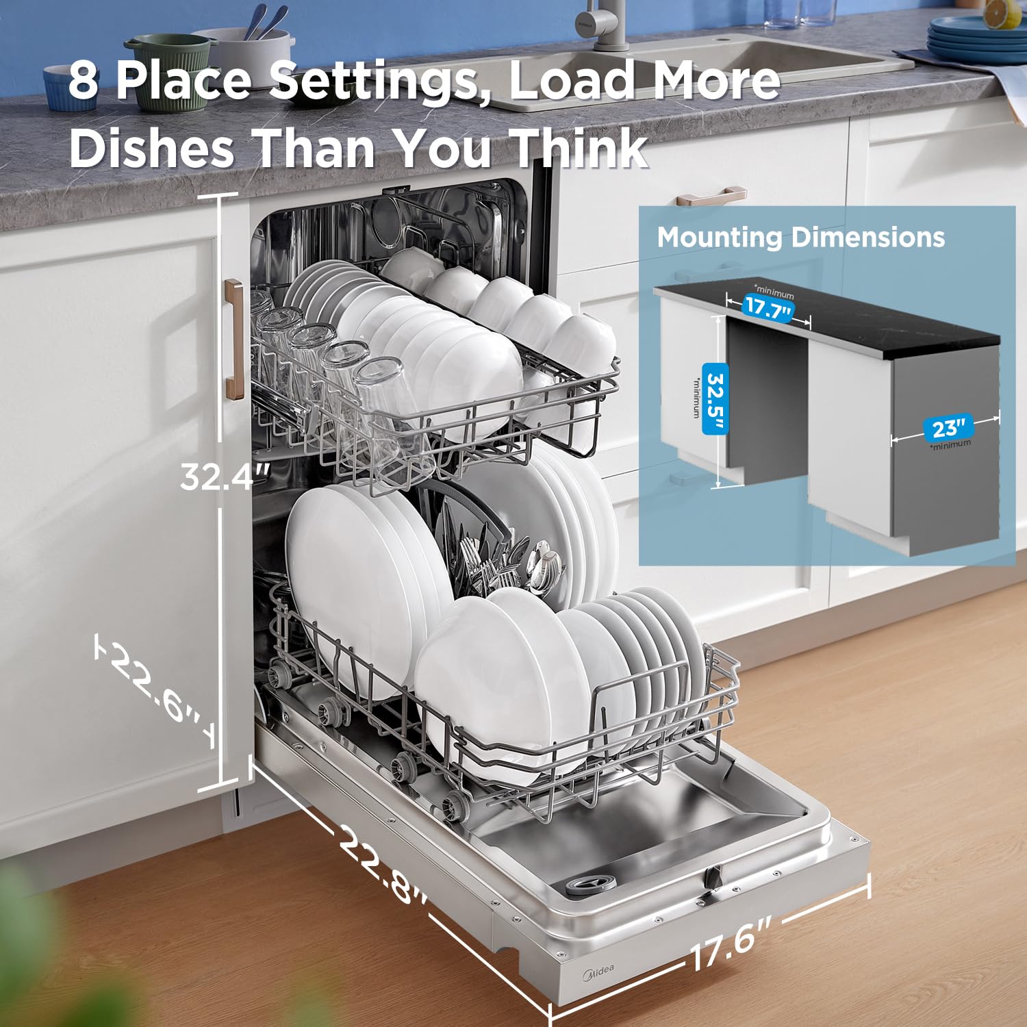 Midea 18 Inch Built-in Dishwasher, Slim Space-Saving Design with 8 Place Settings, 6 Washing Programs & Stainless Steel Tub, Energy Star Certified Dishwasher with Heated Dry & High Temp Wash, Silver