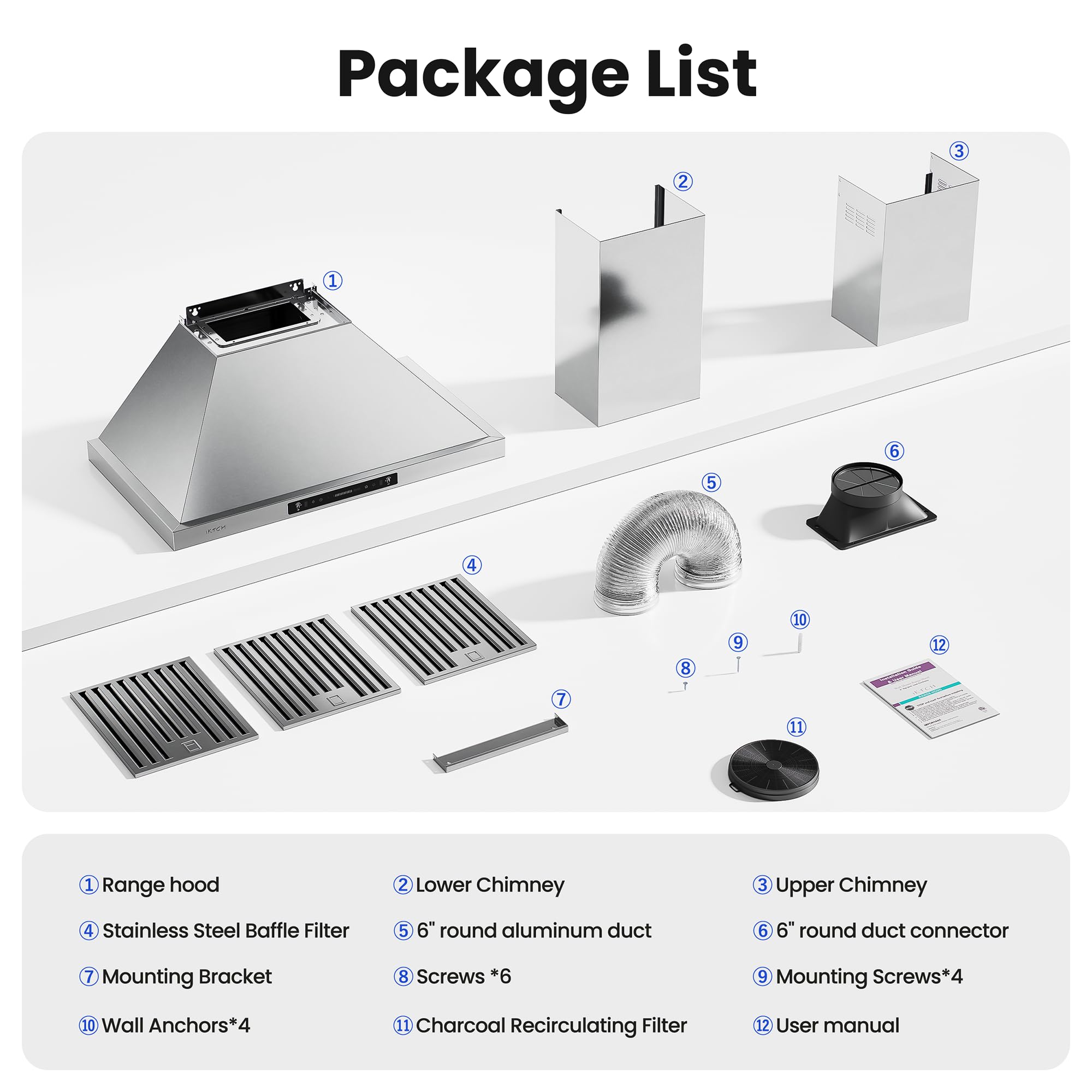 IKTCH 30-inch Wall Mount Range Hood 900 CFM Ducted/Ductless Convertible, Kitchen Chimney Vent Stainless Steel with Gesture Sensing & Touch Control Switch Panel, 2 Pcs Adjustable Lights(IKP02-30'')