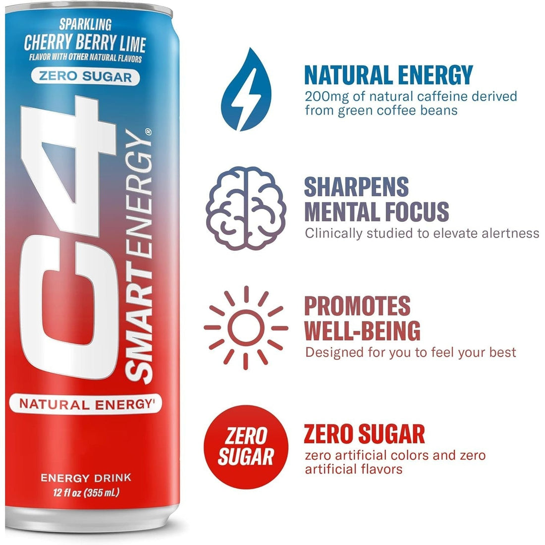 Cellucor C4 Smart Energy Drink – Boost Focus and Energy with Zero Sugar, Natural Energy, and Nootropics - 200mg Caffeine - Cherry Berry Lime (12oz Pack of 12)