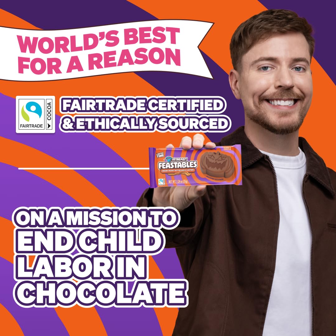 Feastables MrBeast Peanut Butter Jack-O-Lantern, Milk Chocolate & Creamy Peanut Butter Filling, Cups for Adults & Kids, Chocolate Candy for Halloween Snacks, Made With Fairtrade Cocoa, 30 Count