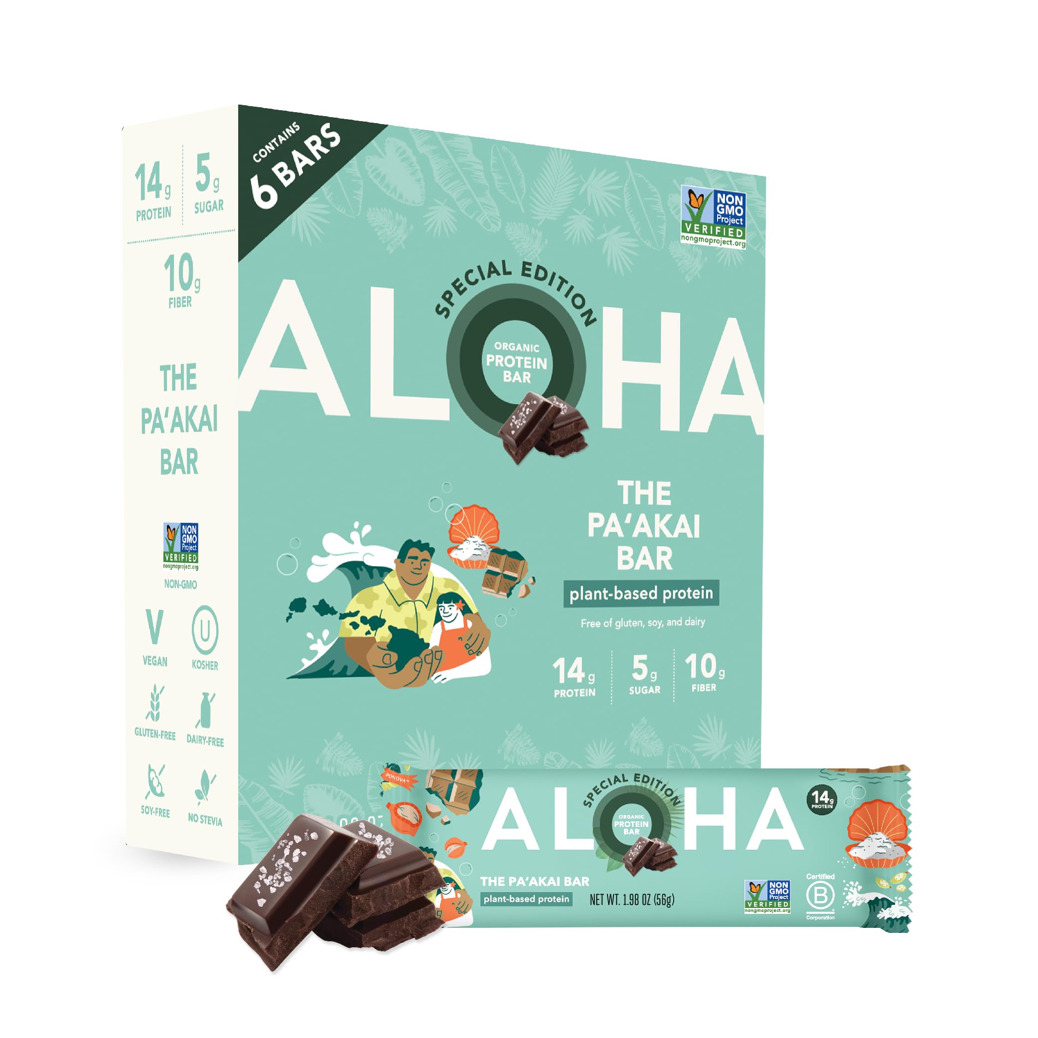 ALOHA Organic Plant Based Protein Bars |Peanut Butter Chocolate Chip | 1.98 Oz (Pack of 12) | Vegan, Low Sugar, Gluten Free, Paleo, Low Carb, Non-GMO, Stevia Free, Soy Free, No Sugar Alcohols