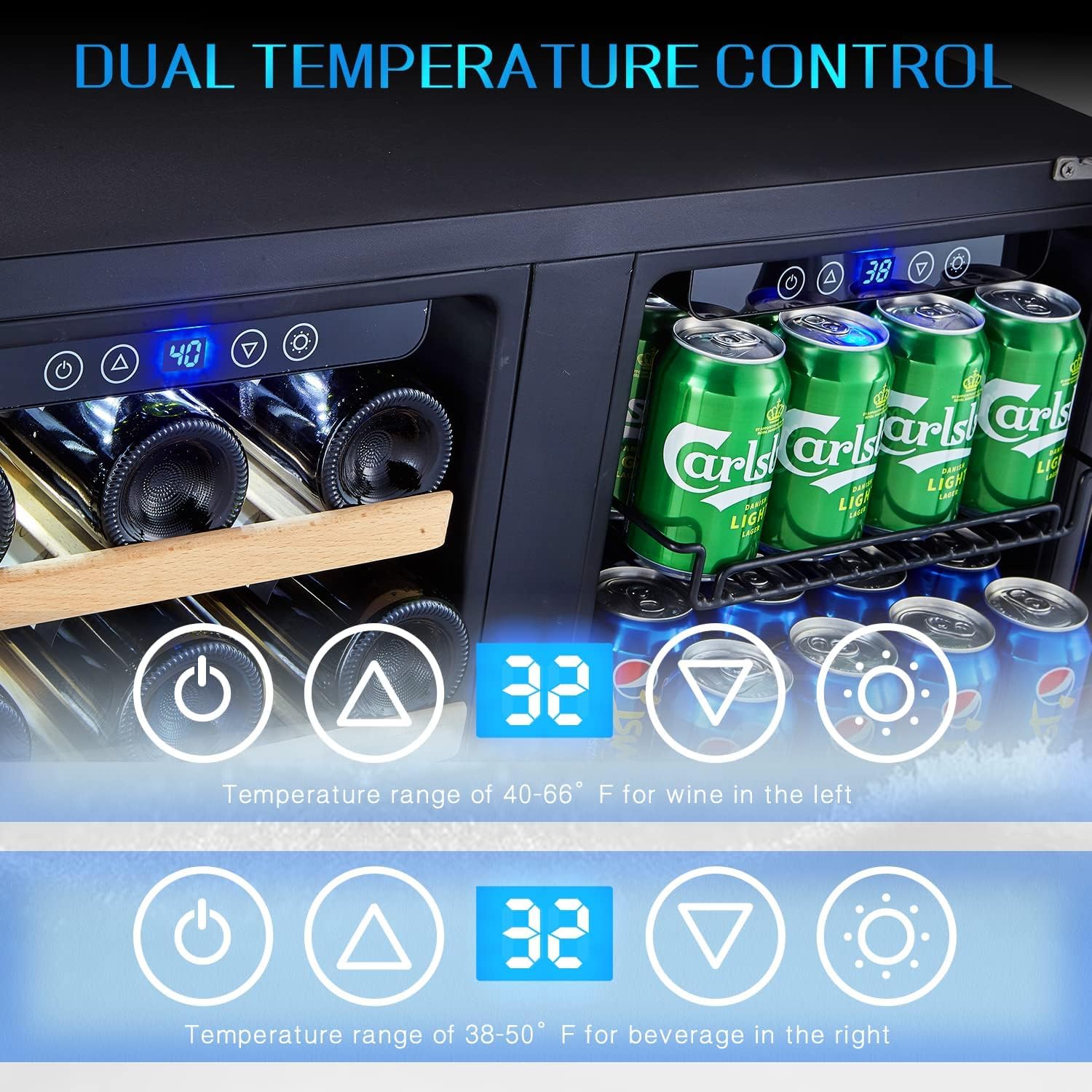 Kalamera 24 inch Wine Cooler, 37 Bottle - Dual Zone Built-in or Freestanding Fridge with Stainless Steel Reversible Glass Door, for Home, Kitchen or Office