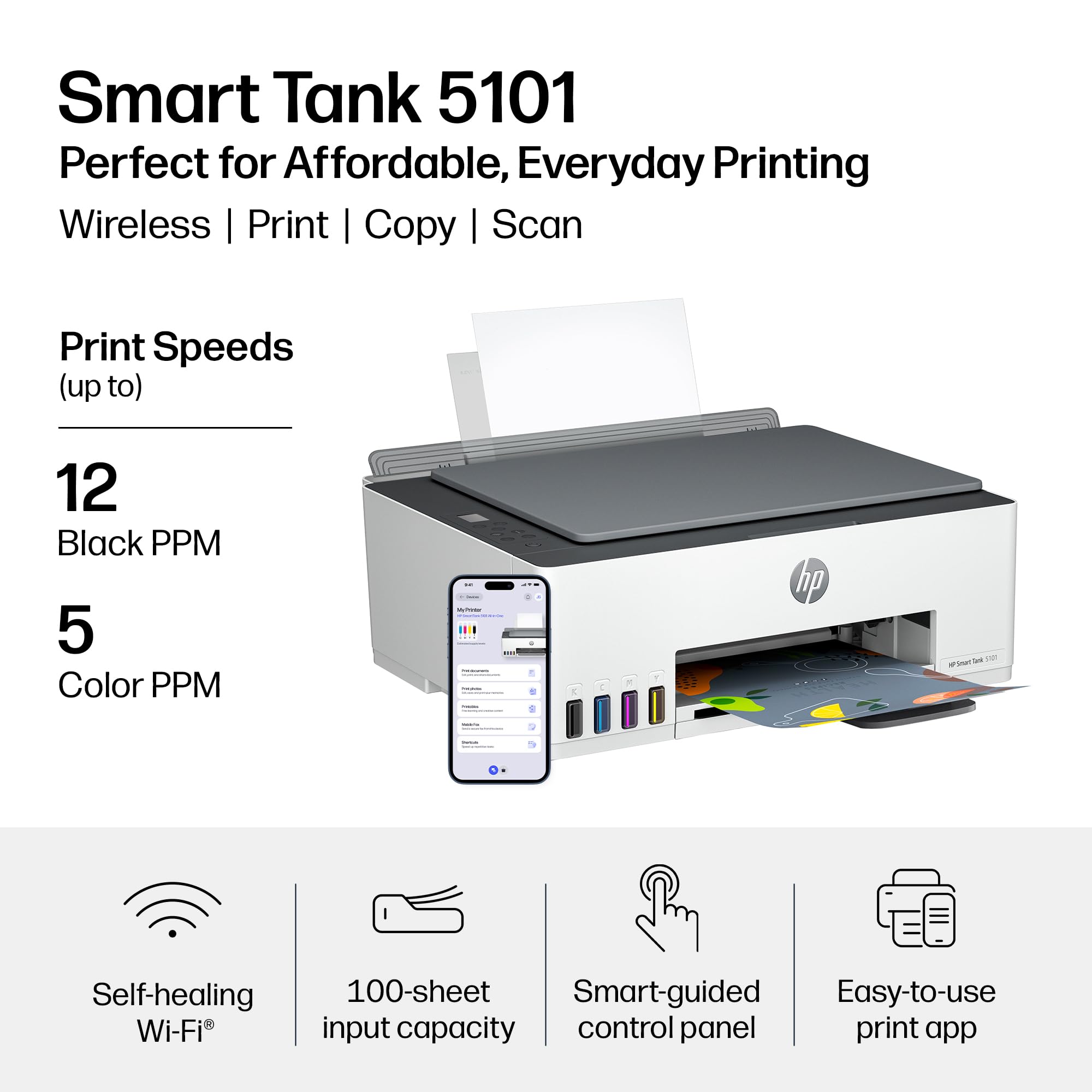 HP Smart Tank 5101 Wireless All-in-One Refillable Printer, Scanner, Copier with 2 Years of Ink Included, Wireless (2.4ghz only) Printer-for-Home use (1F3Y0A)