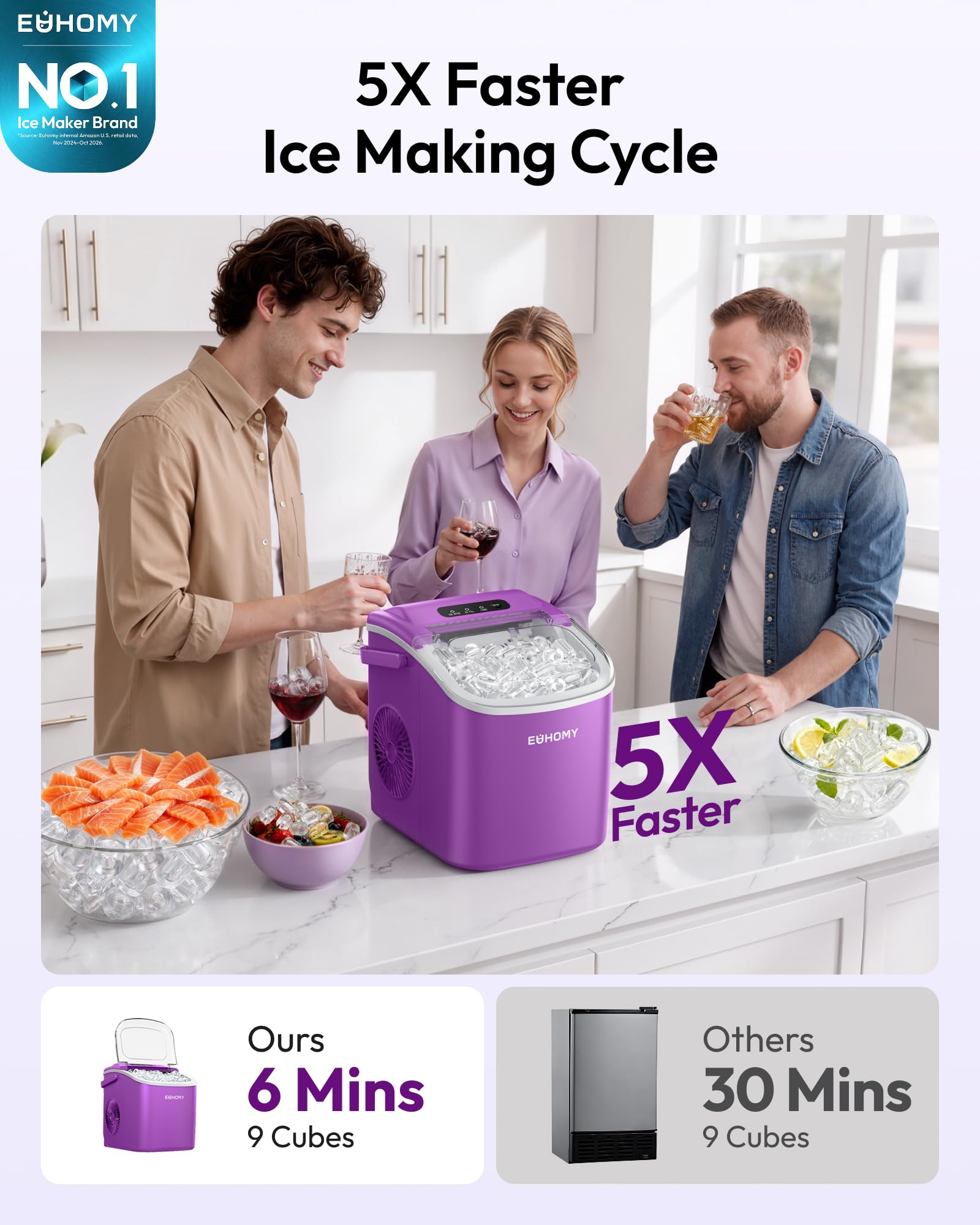 EUHOMY Countertop Ice Maker Machine with Handle, 26lbs in 24Hrs, 9 Ice Cubes Ready in 6 Mins, Auto-Cleaning Portable Ice Maker with Basket and Scoop, for Home/Kitchen/Camping/RV. (Black)
