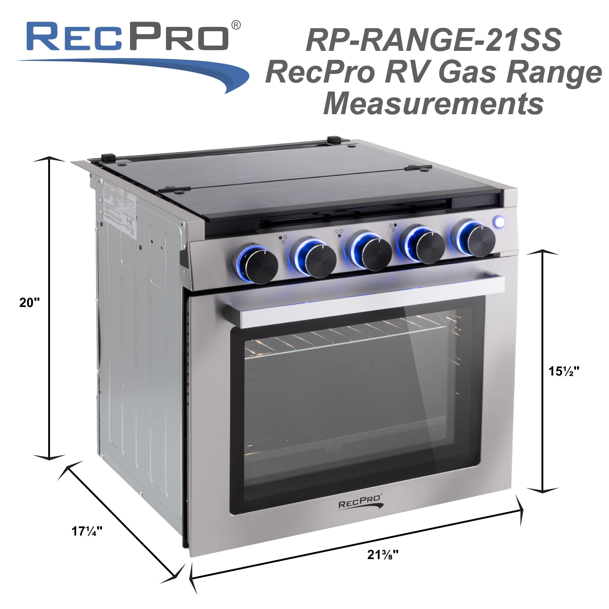RecPro RV Stove | Gas Range 21" Tall | Optional Vented Range Hood | 3 Burner | 1.8 Cu. Ft | 7100 BTU | Black or Silver Color Options (Silver, No Vented Range Hood)