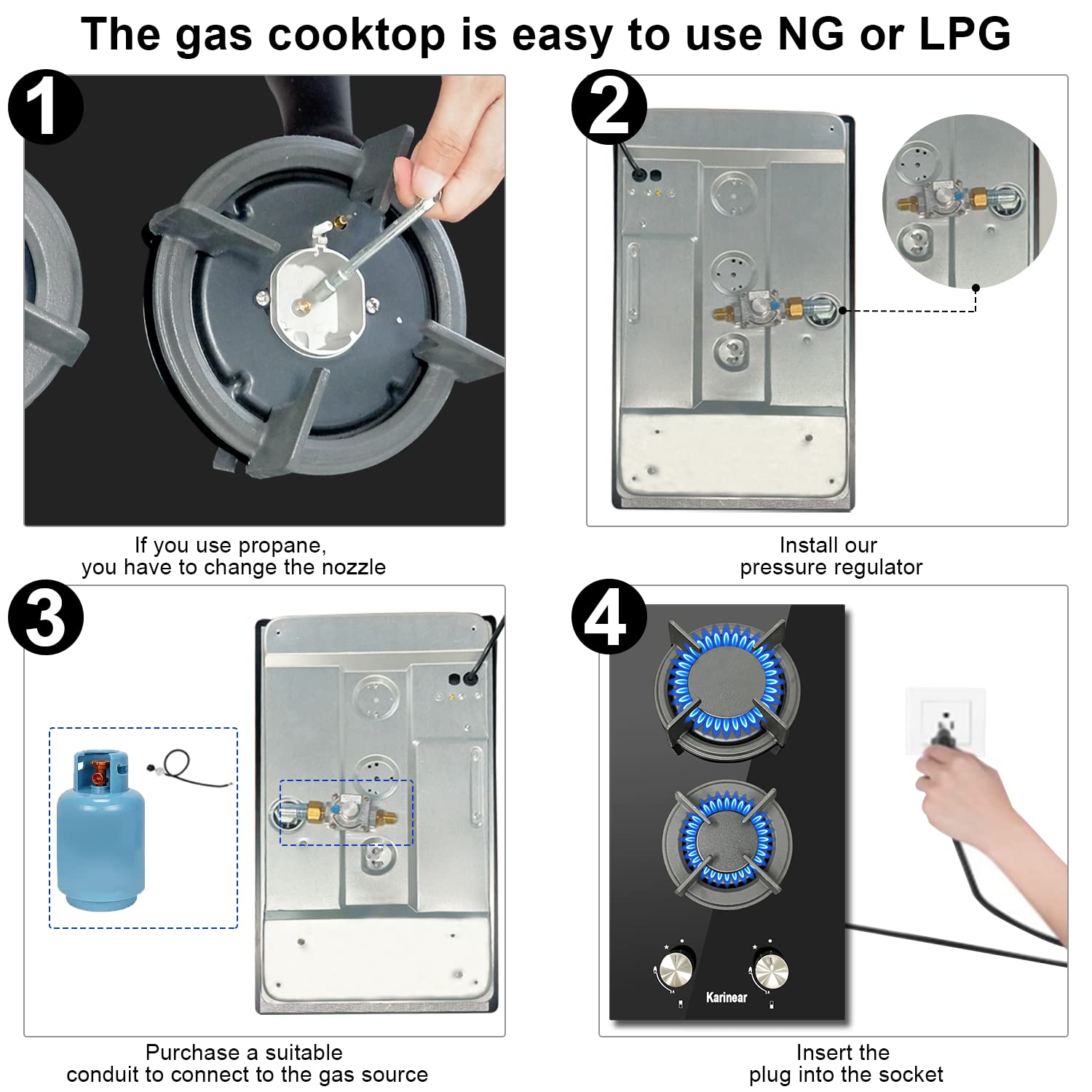 Karinear Gas Cooktop 2 Burner Propane Cooktop, 12 Inch LPG/NG Dual Fuel Gas Stove Top, Built-in Tempered Glass Gas Cooktop for Apartment, Indoor, RV