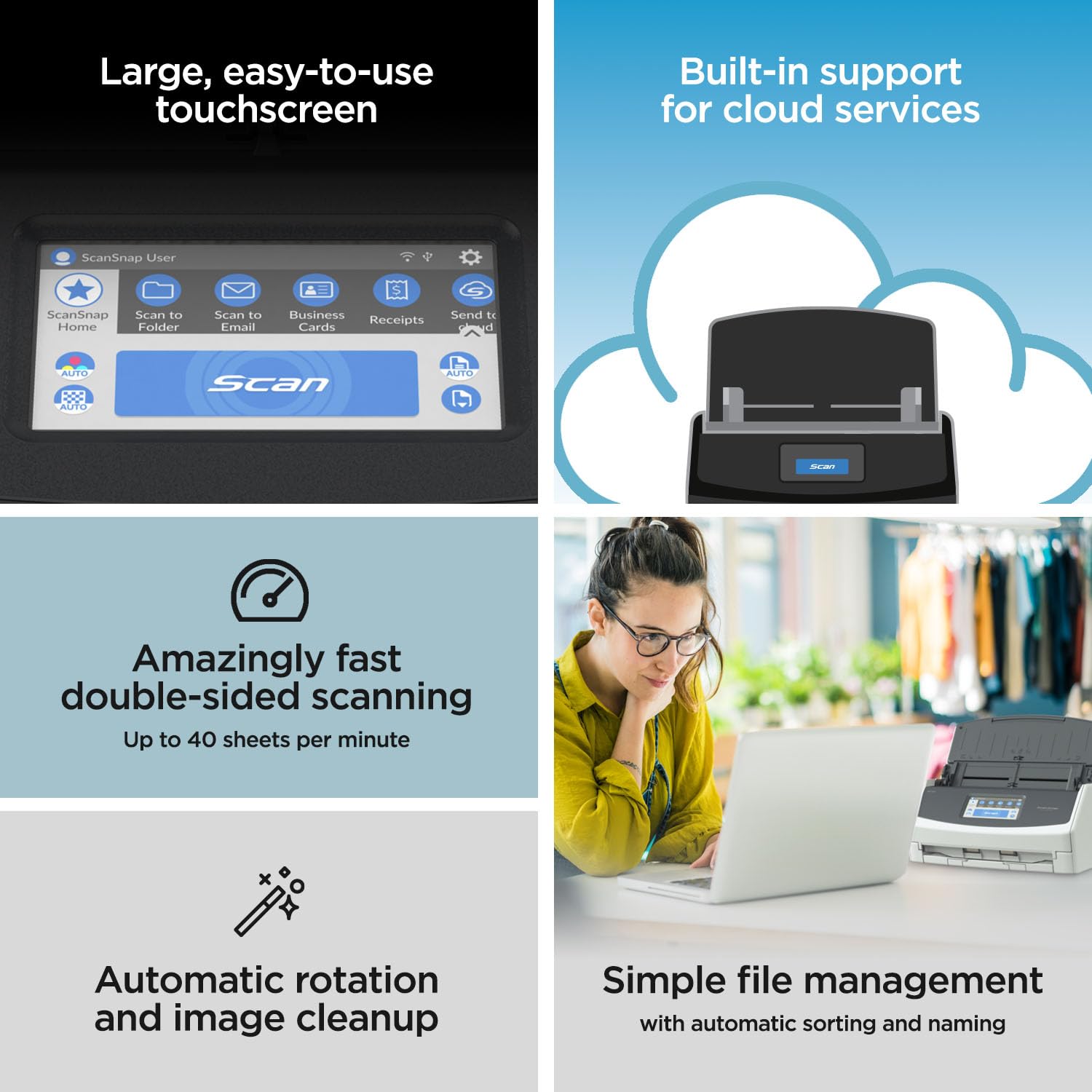 ScanSnap iX2500 Wireless or USB High-Speed Cloud Enabled Document, Photo & Receipt Scanner with Large 5" Touchscreen and 100 Page Auto Document Feeder for Mac or PC, Black