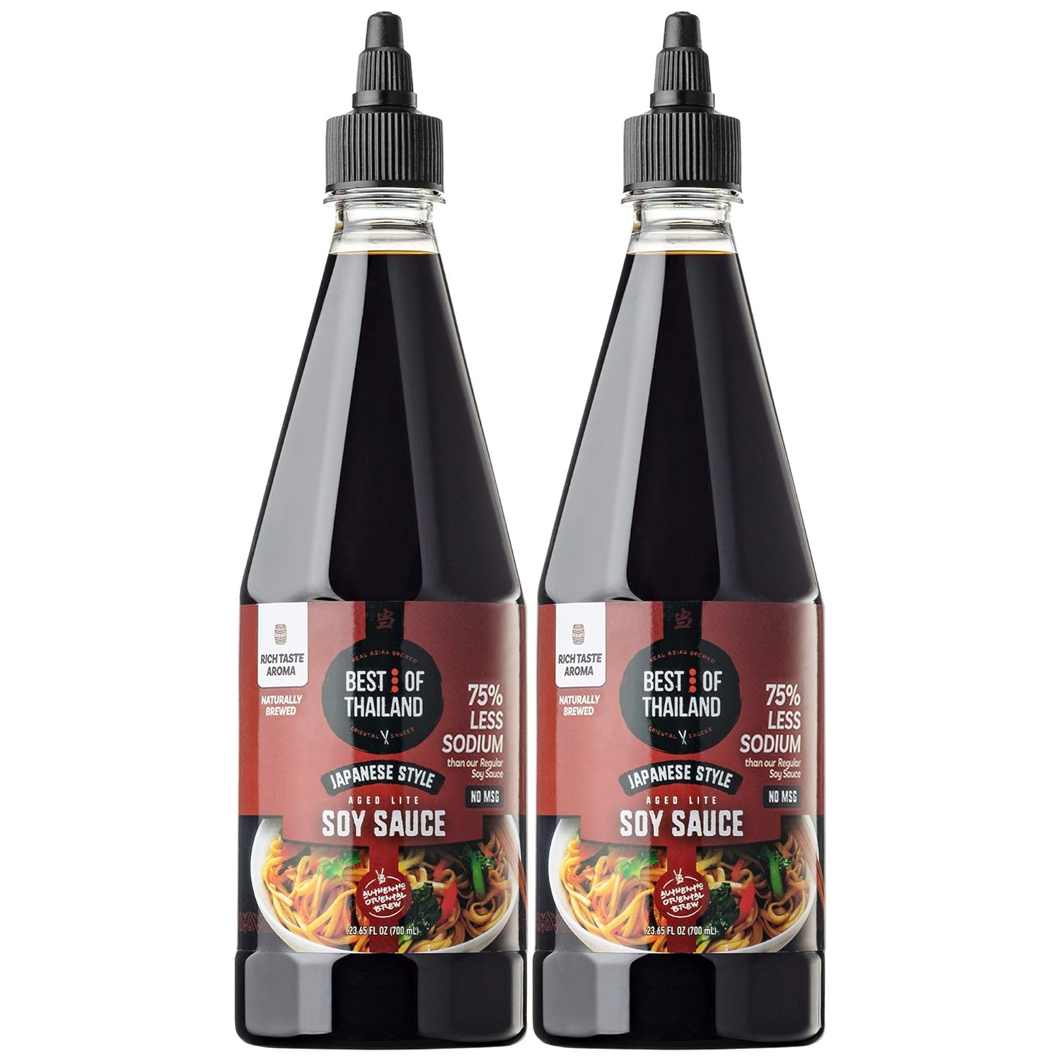 Best Of Thailand Premium Lite Soy Sauce Low Sodium | 2 Bottles of Lite Soy Sauce 23.65oz Real Authentic Asian-Brewed Marinade for Marinating Fish, Meat & Roasted Vegetables | 75% Less sodium