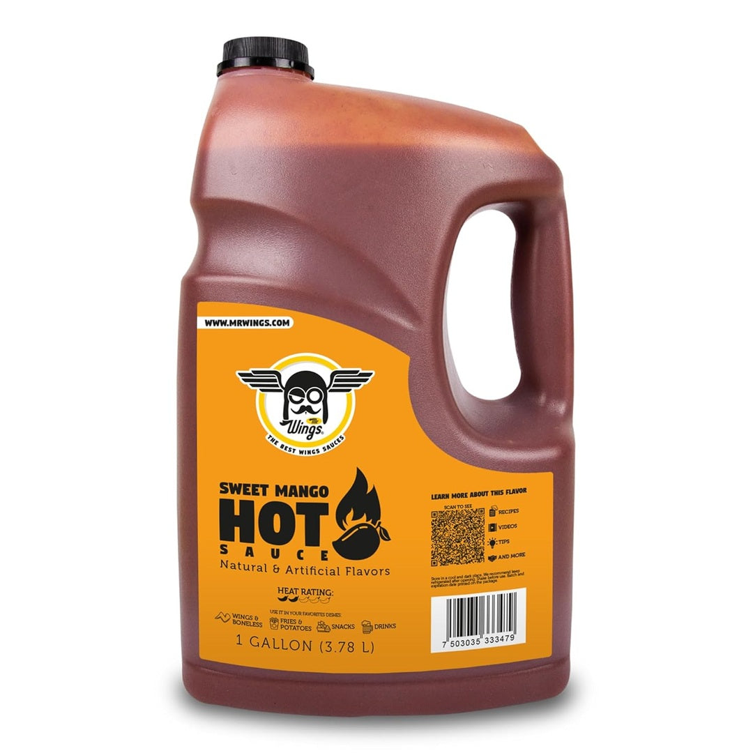 Mr Wings Sweet Mango Mild Sauce 1 Gallon (128 Fl Oz). Sweet and spicy delight, perfect for boneless, fries, drinks and your favorite snacks. Big sauce bulk.